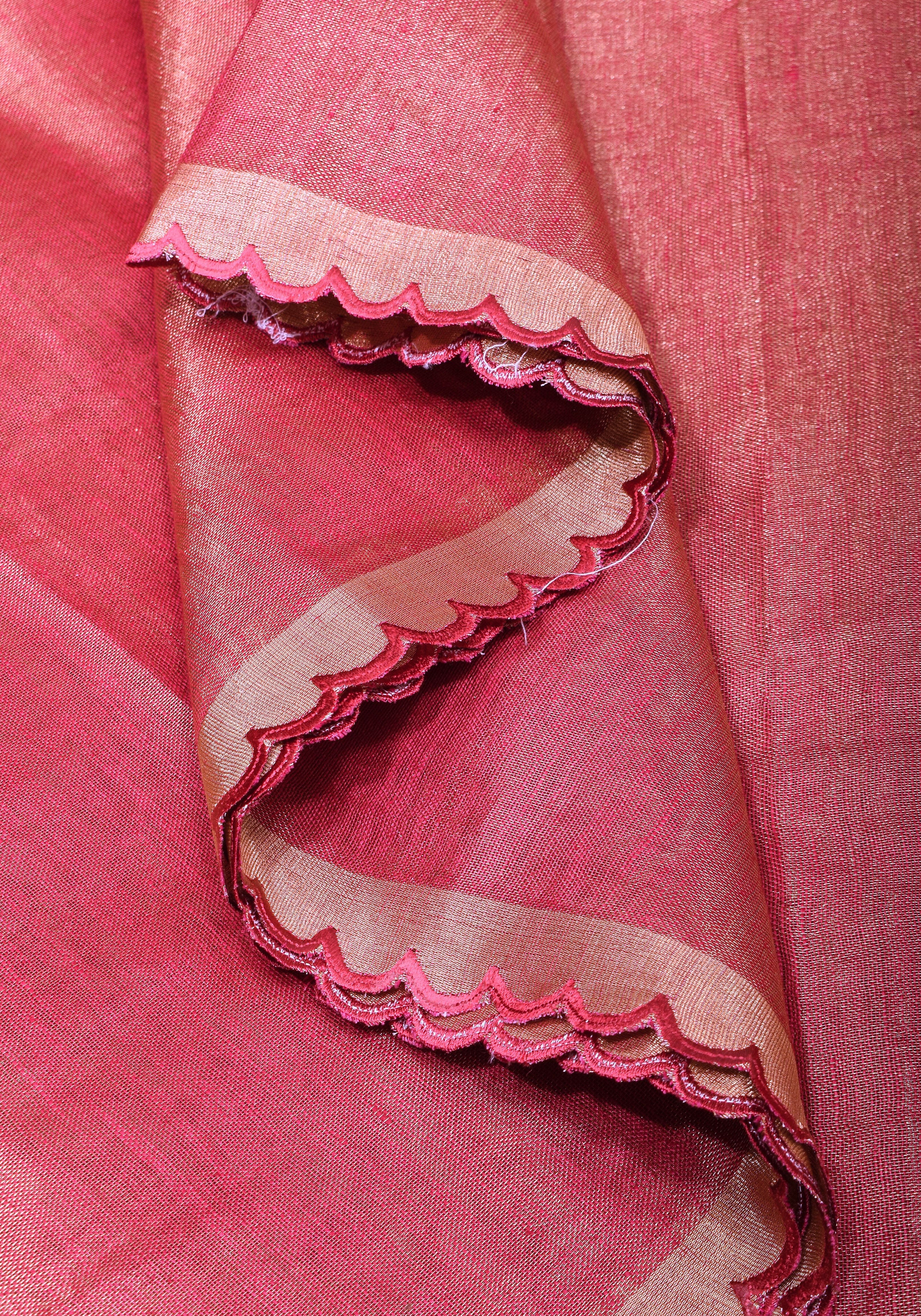 Reddish Pink tone Scalloped Tissue Linen Saree and golden border  | Shobitam Saree