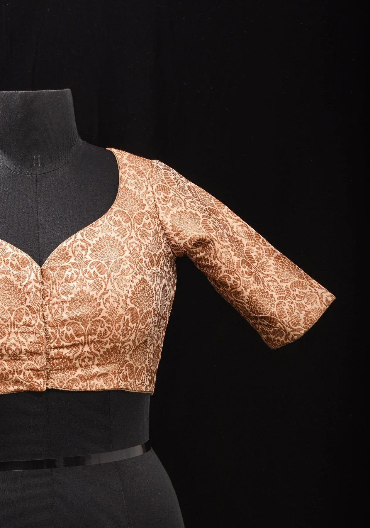 Elegant Antique Gold Floral Brocade Banarasi blouse with leaf and matka neck, Made to Order