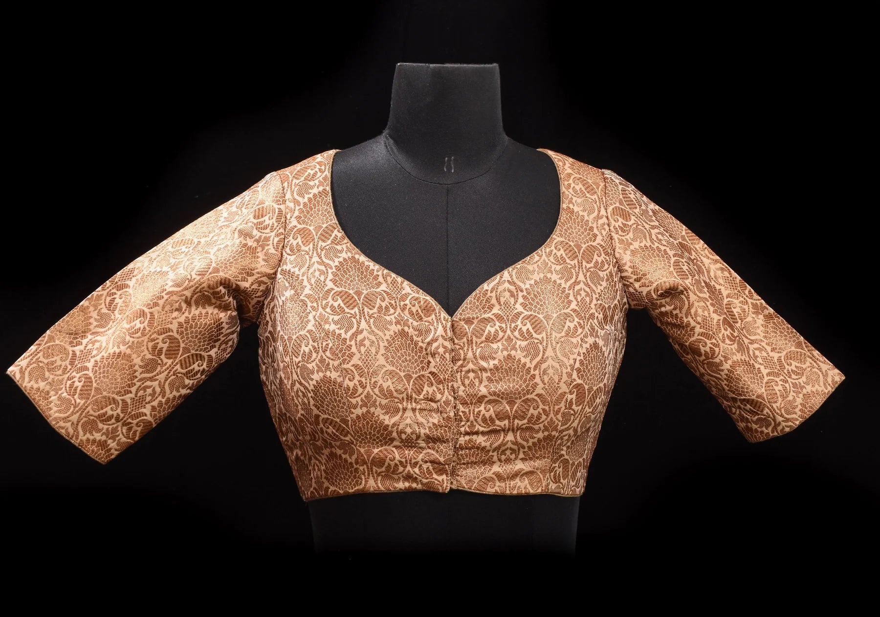 Elegant Antique Gold Floral Brocade Banarasi blouse with leaf and matka neck, Made to Order