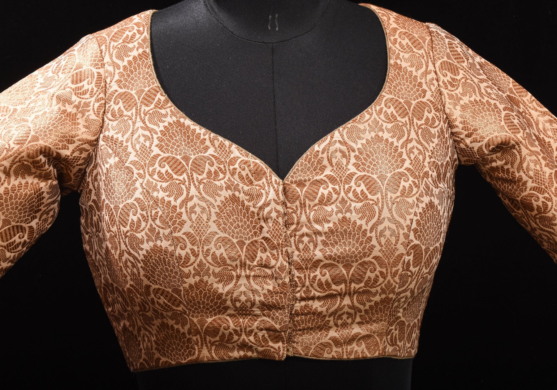 Elegant Antique Gold Floral Brocade Banarasi blouse with leaf and matka neck, Made to Order