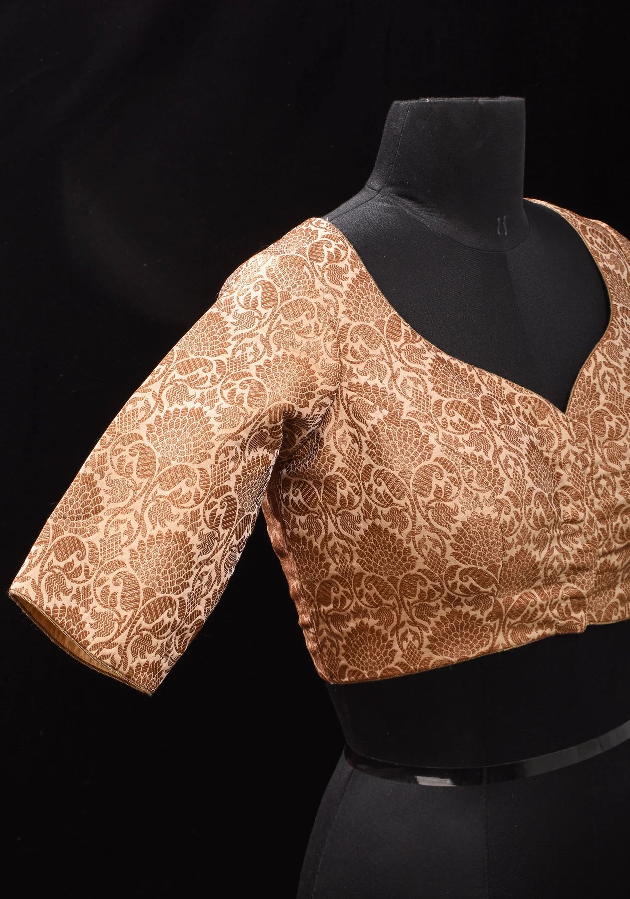 Elegant Antique Gold Floral Brocade Banarasi blouse with leaf and matka neck, Made to Order