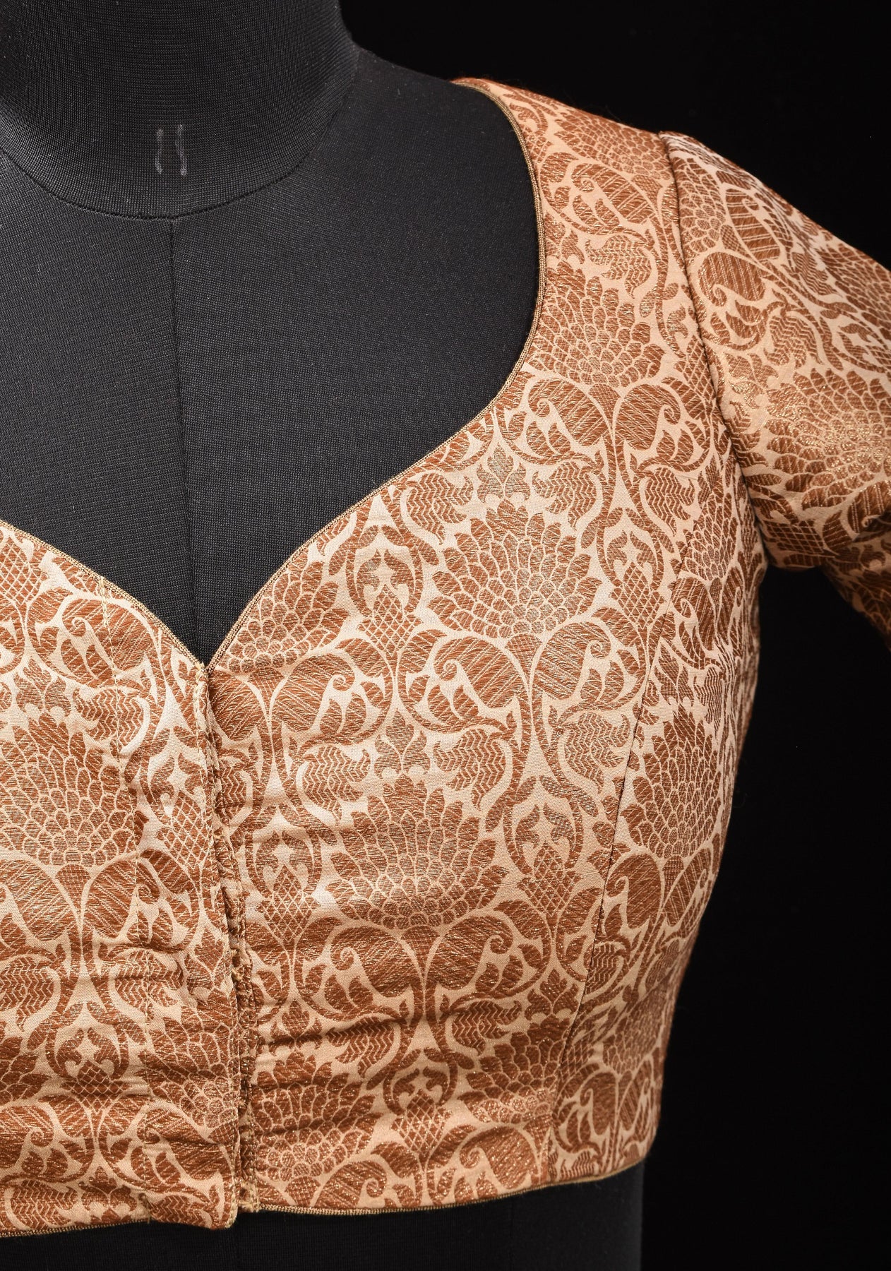 Elegant Antique Gold Floral Brocade Banarasi blouse with leaf and matka neck, Made to Order