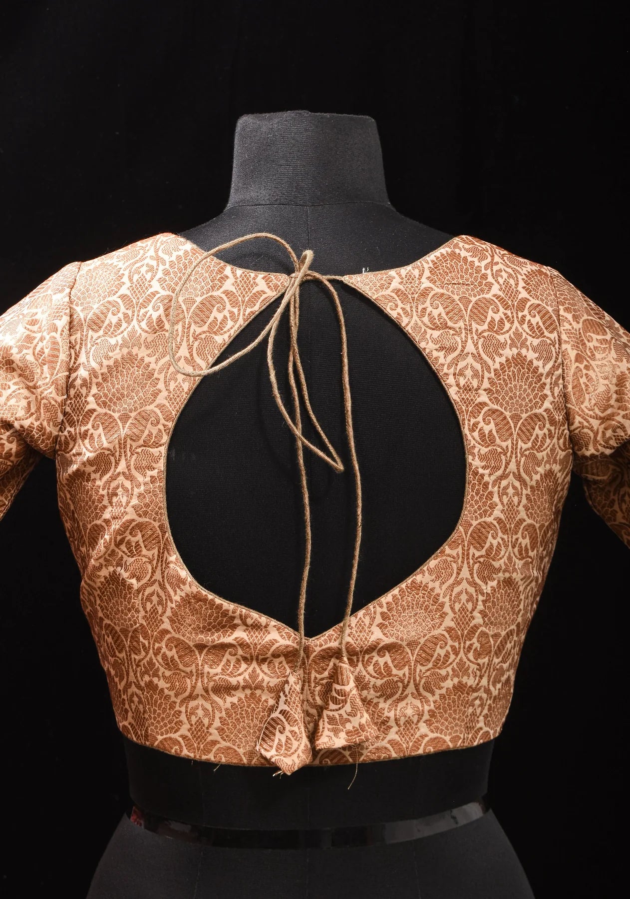 Elegant Antique Gold Floral Brocade Banarasi blouse with leaf and matka neck, Made to Order