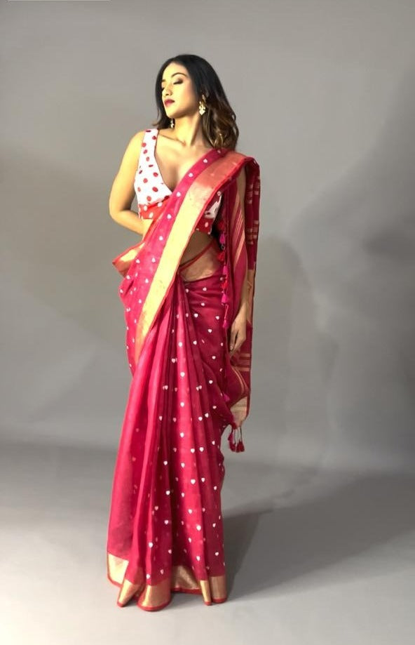 Loving Hearts Embroidered Cherry Plum Pure Tone Linen Saree