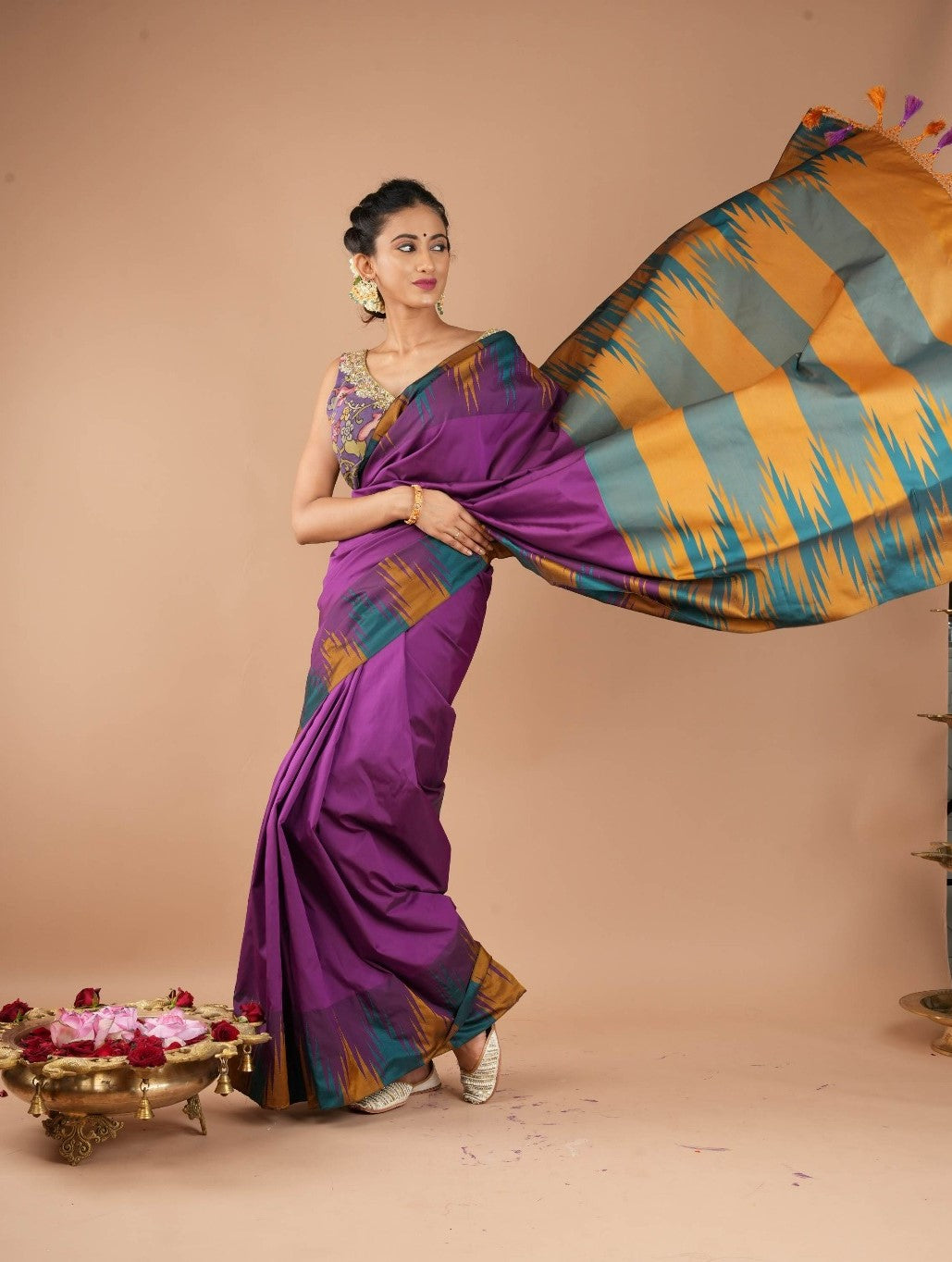 Purple and Two Color Temple Border on Art Silk Saree With Double color Indian kotki design Pallu