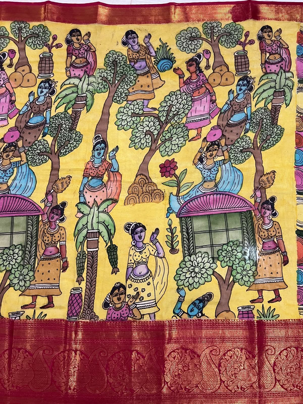 Dancing queens - authentic pen Kalamkari on Chennuri silk with wide zari border