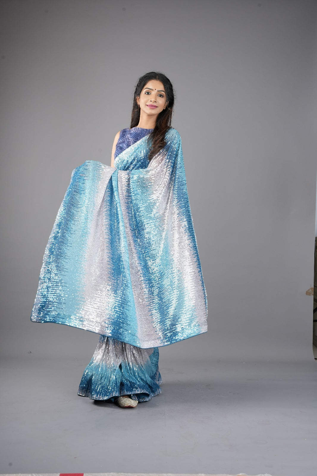 Ombre Teal, Blue, and Silver Sequin on Net Saree