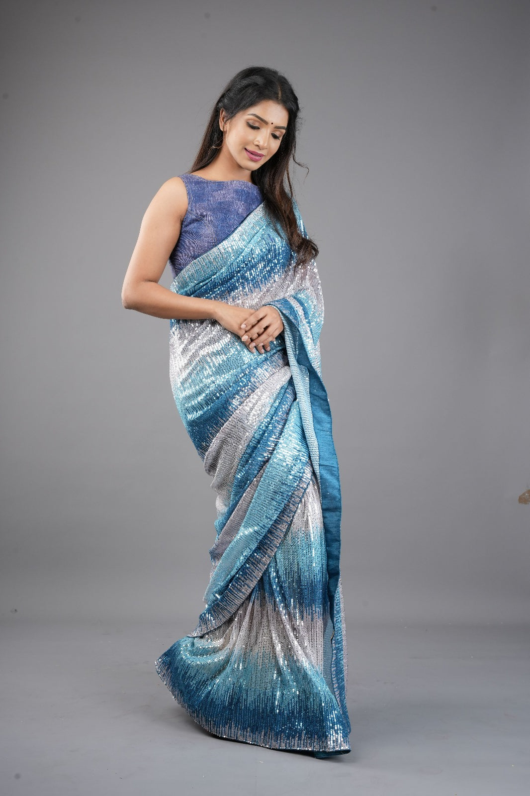 Ombre Teal, Blue, and Silver Sequin on Net Saree