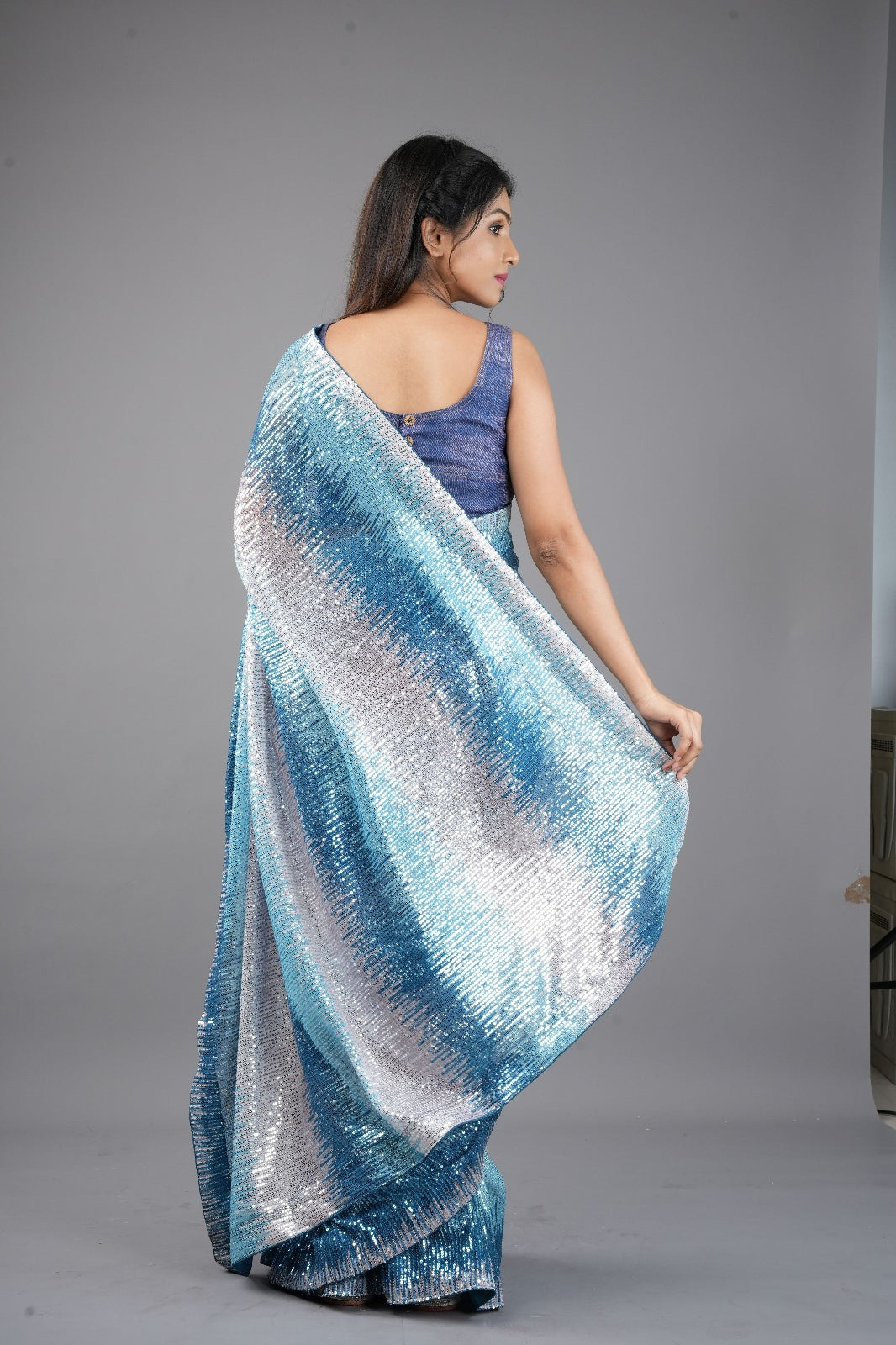 Ombre Teal, Blue, and Silver Sequin on Net Saree