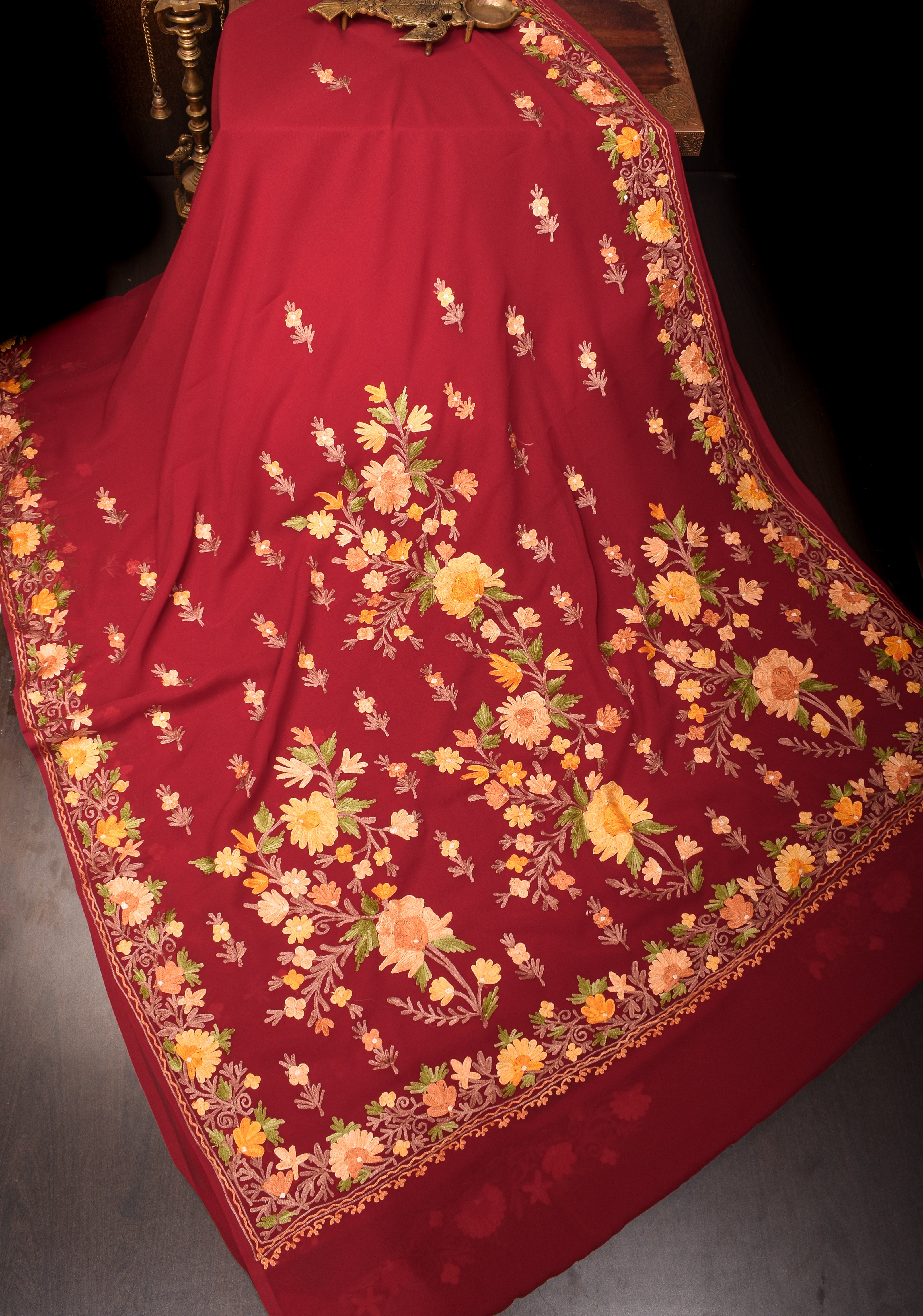 Kashmiri Aari Embroidered Floral Saree in Maroon Georgette