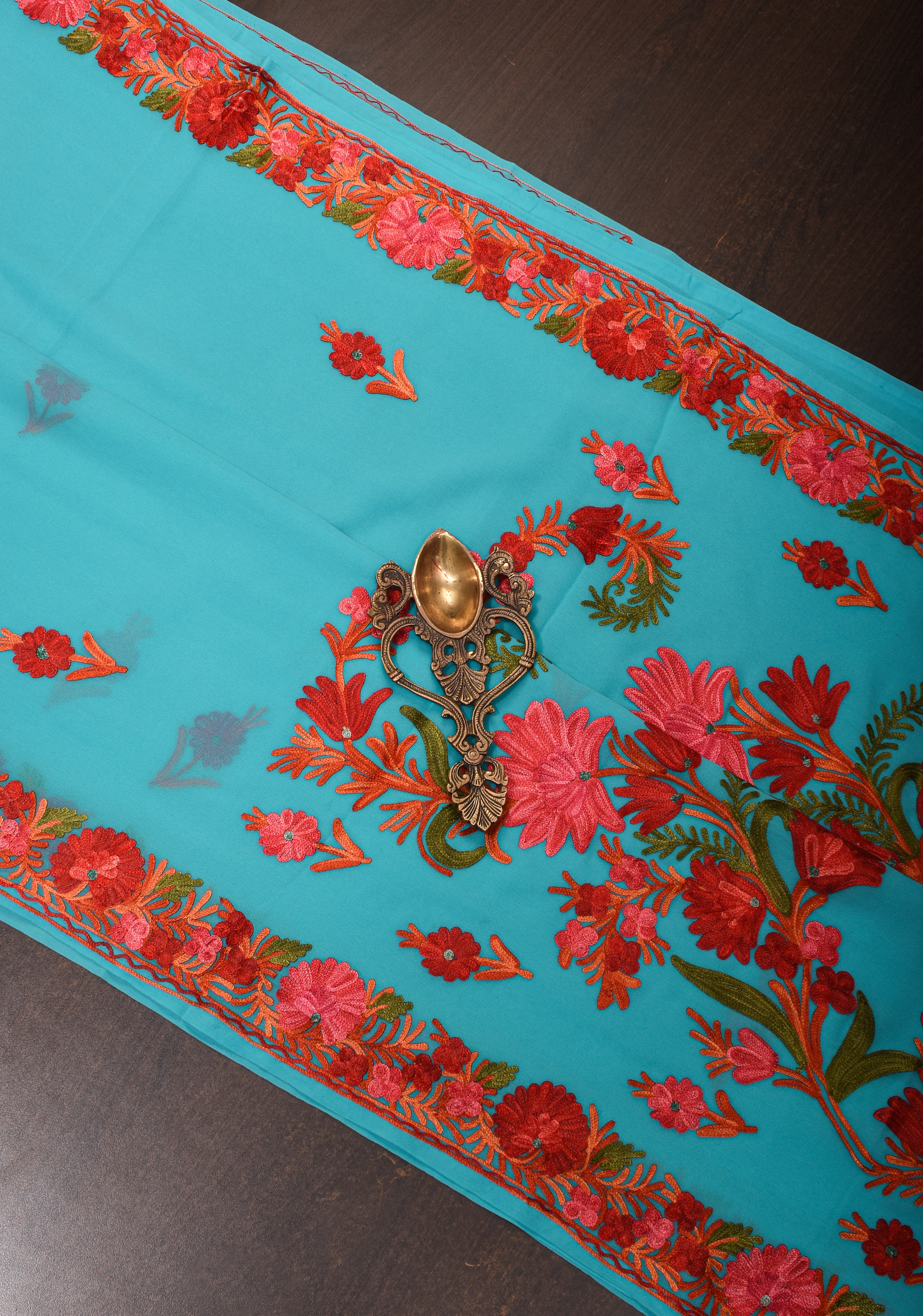 Kashmiri Aari Embroidered Floral Saree in Teal Blue Georgette