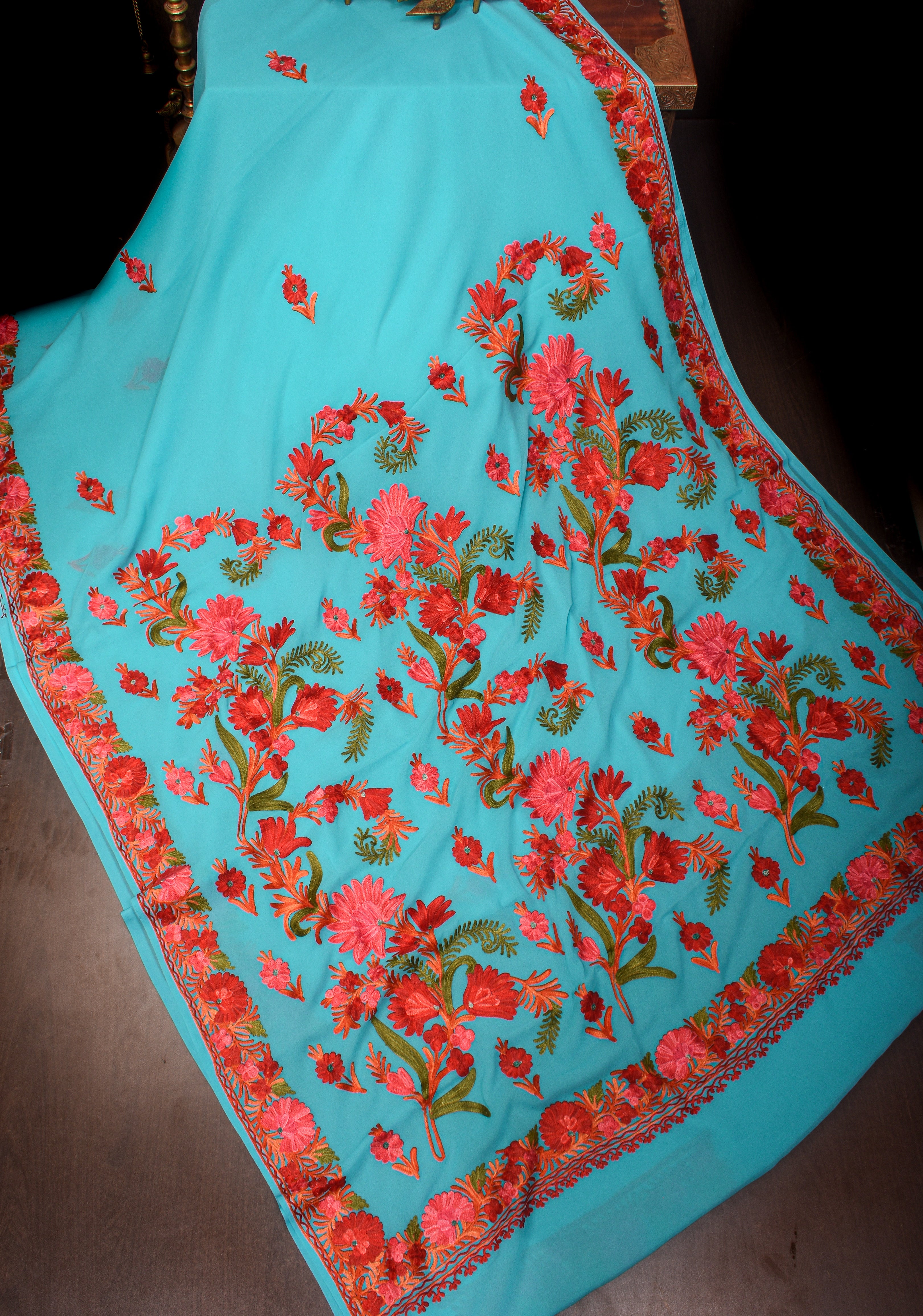 Kashmiri Aari Embroidered Floral Saree in Teal Blue Georgette