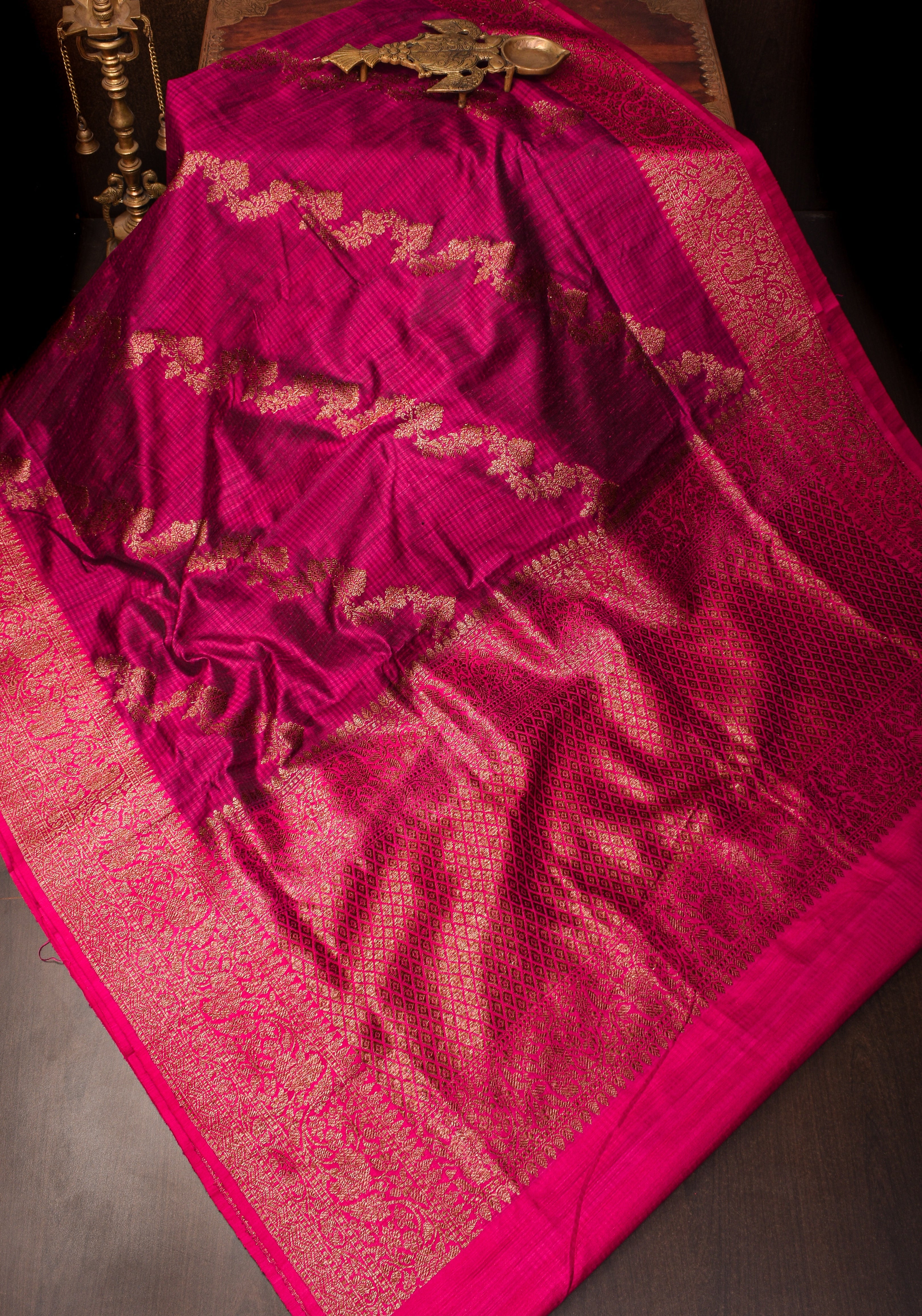 Wine tone Leheriya jaal Dupion Banarasi Silk Saree |CERTIFIED SILK