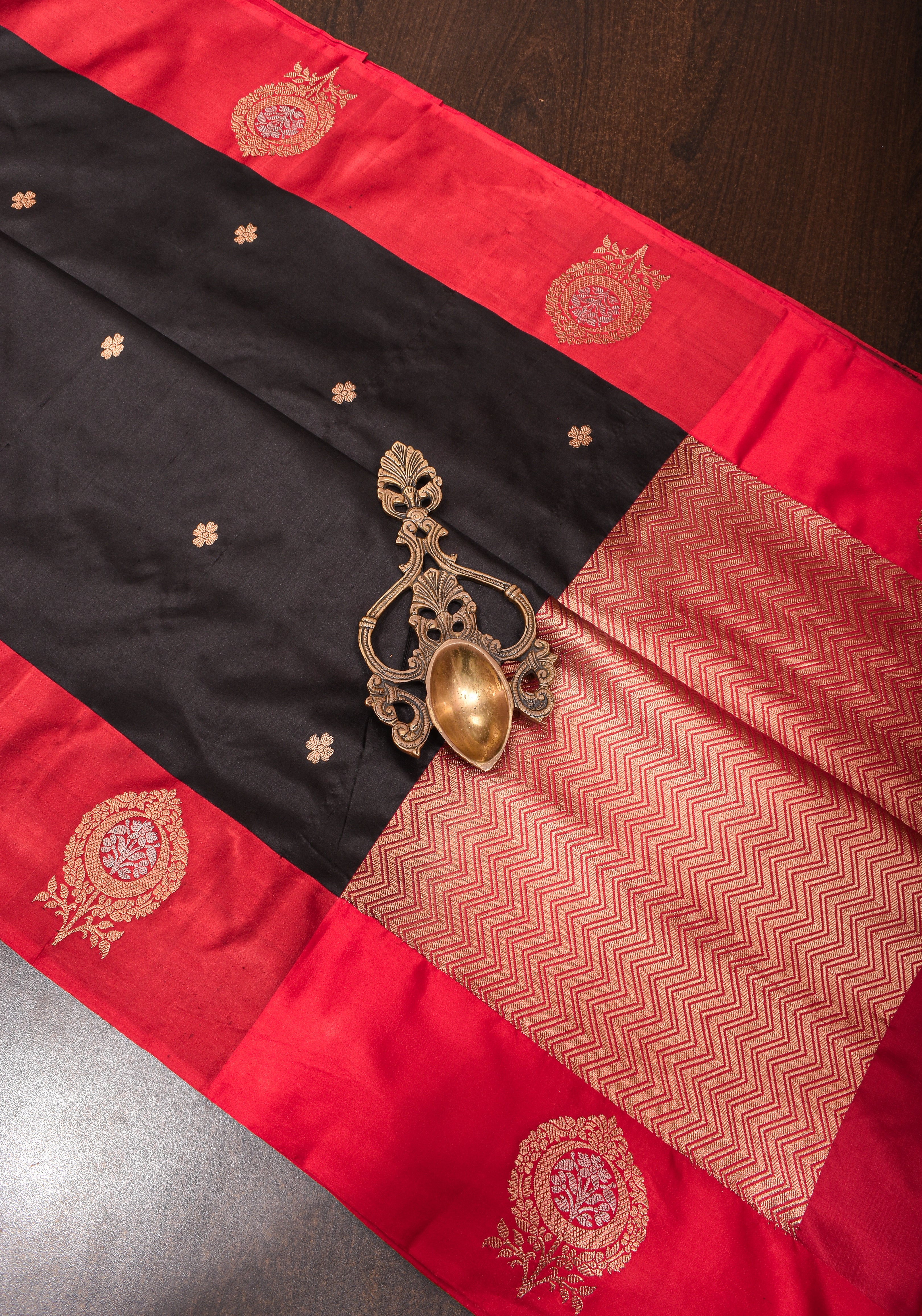 Banarasi Katan SIlk Saree in Black With Alfi damask zari butta border   | SILK MARK CERTIFIED