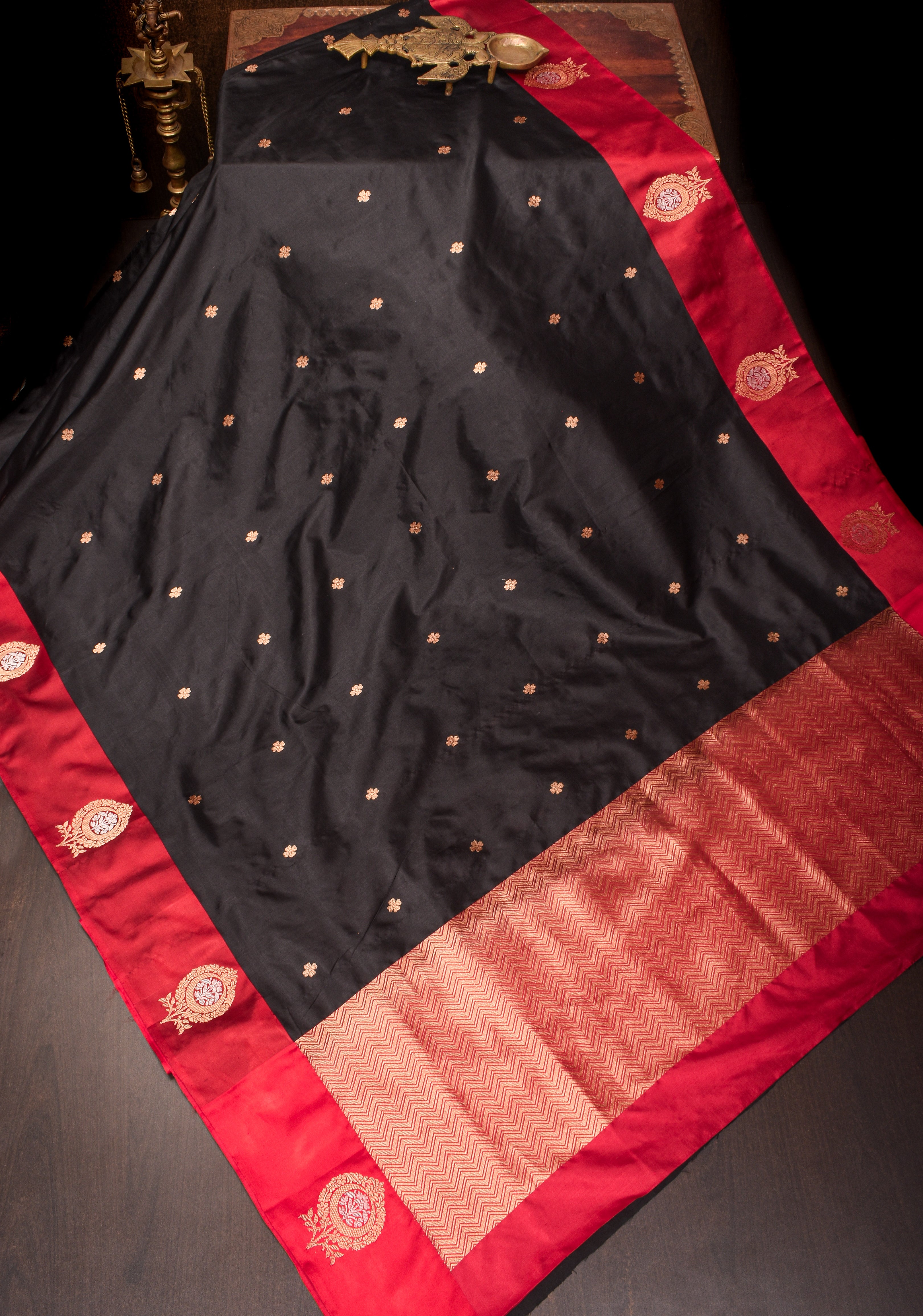 Banarasi Katan SIlk Saree in Black With Alfi damask zari butta border   | SILK MARK CERTIFIED