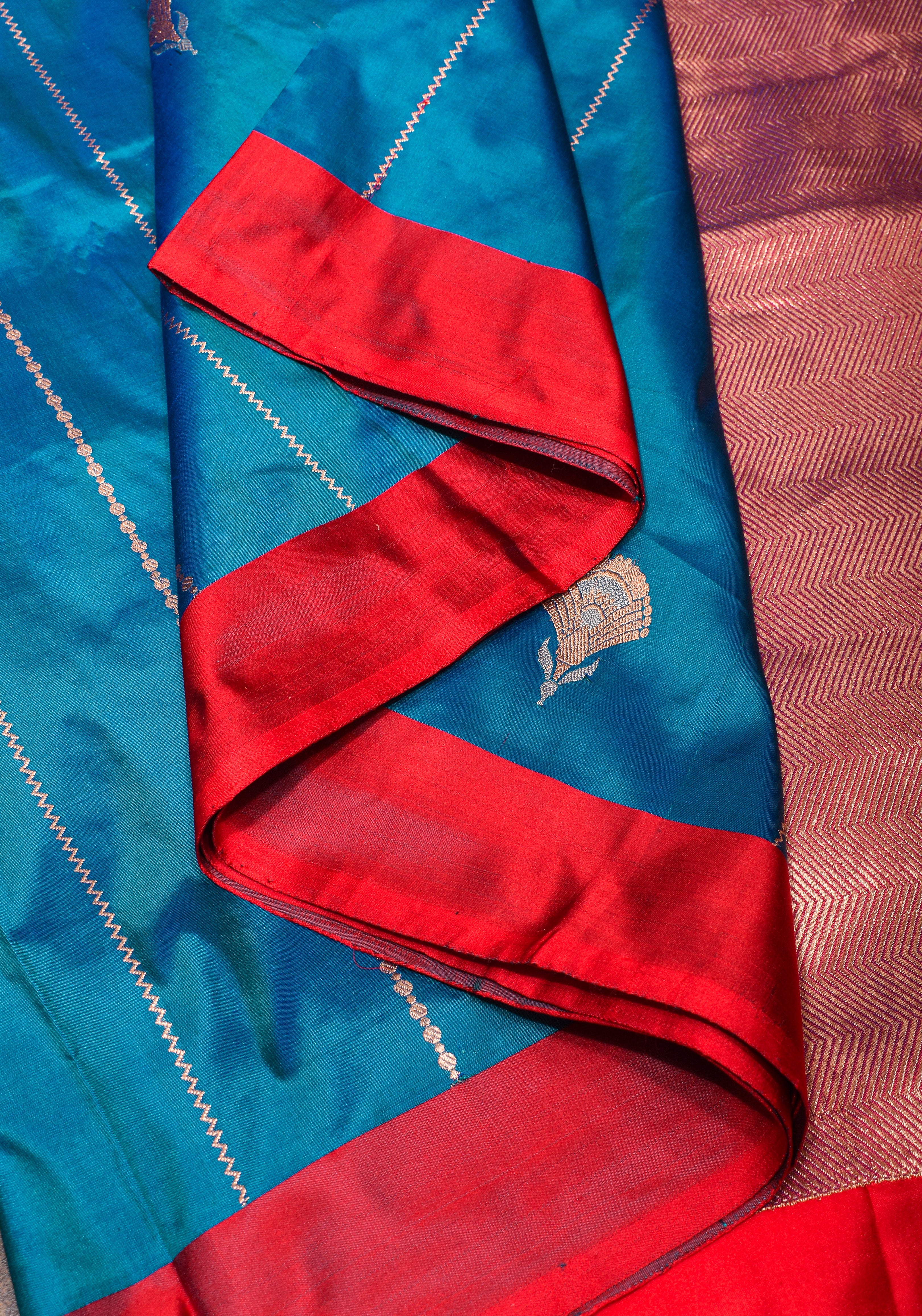 Banarasi Katan Silk Saree in Blue with Alfi Buttas and Zari Stripes  | SILK MARK CERTIFIED