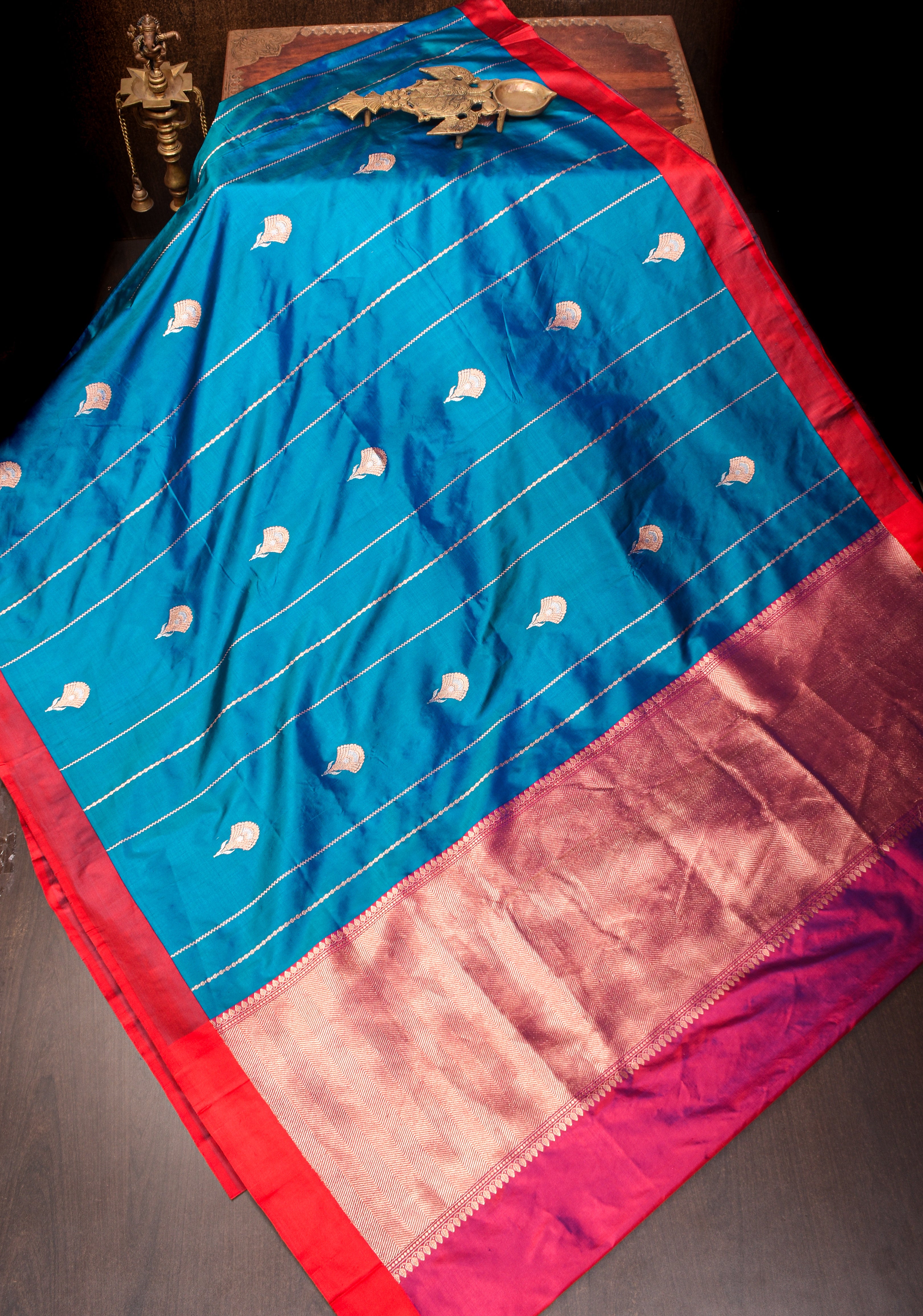 Banarasi Katan Silk Saree in Blue with Alfi Buttas and Zari Stripes  | SILK MARK CERTIFIED