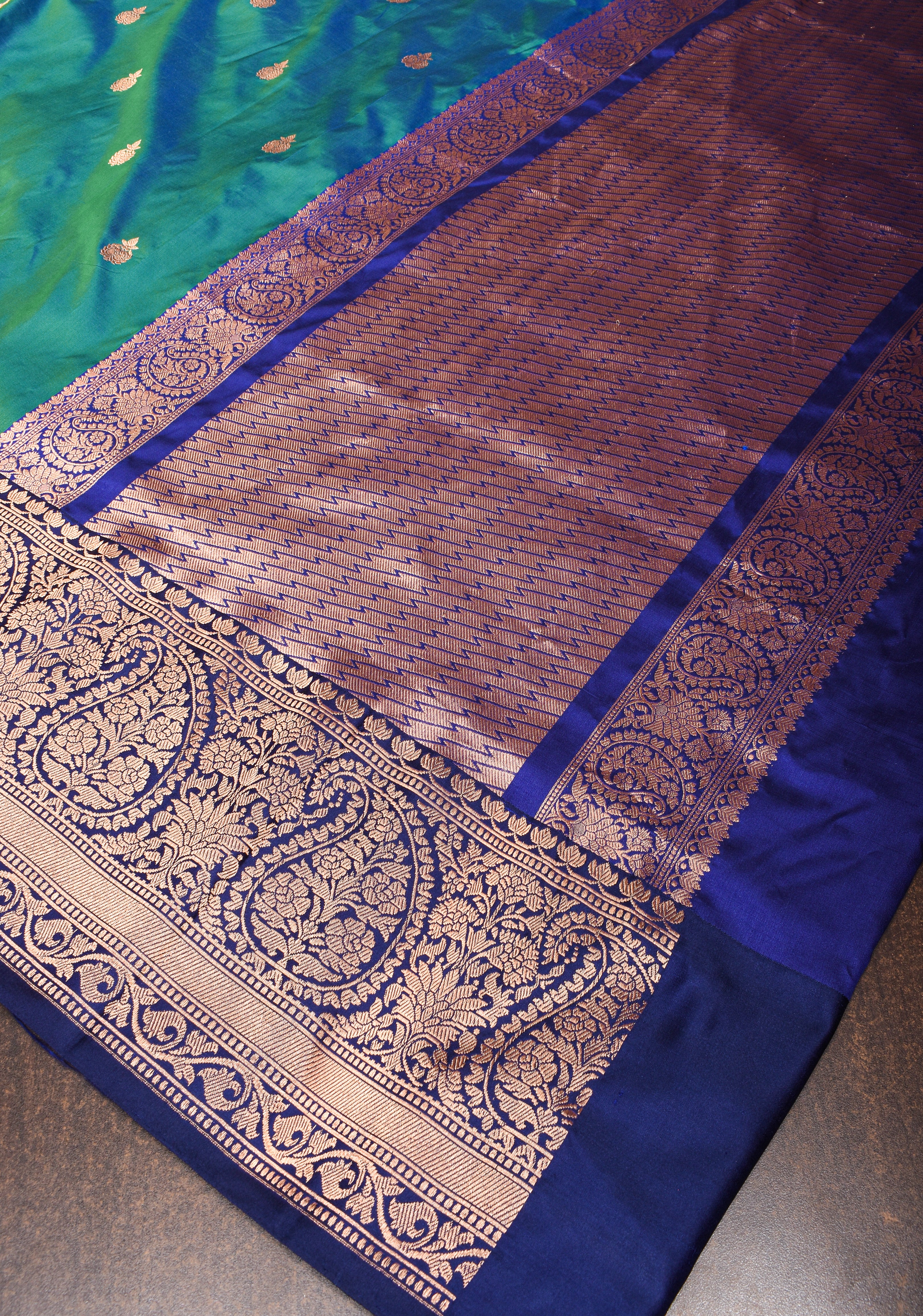 Banarasi Katan Saree in Green with Blue Border  | SILK MARK CERTIFIED