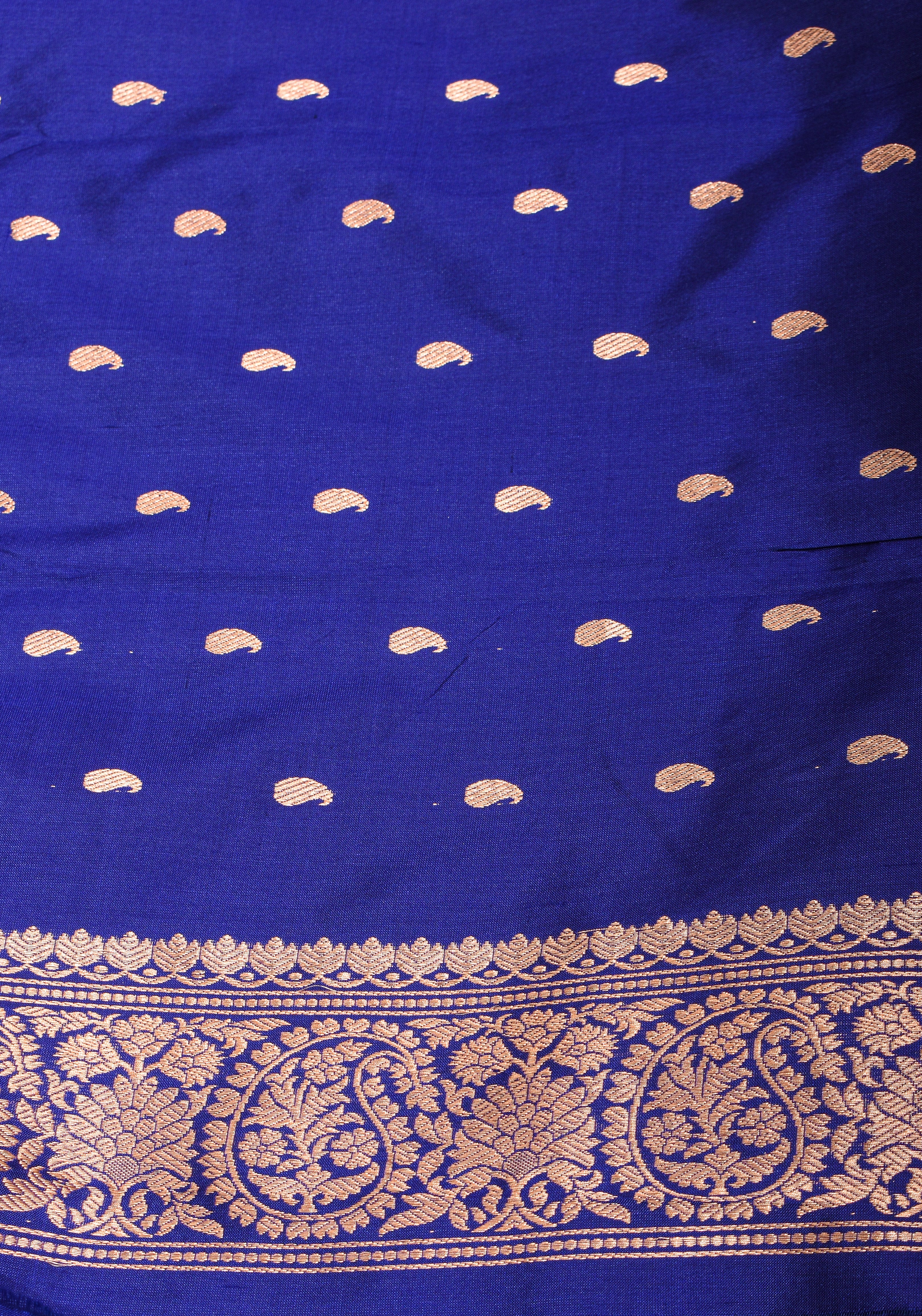 Banarasi Katan Saree in Green with Blue Border  | SILK MARK CERTIFIED