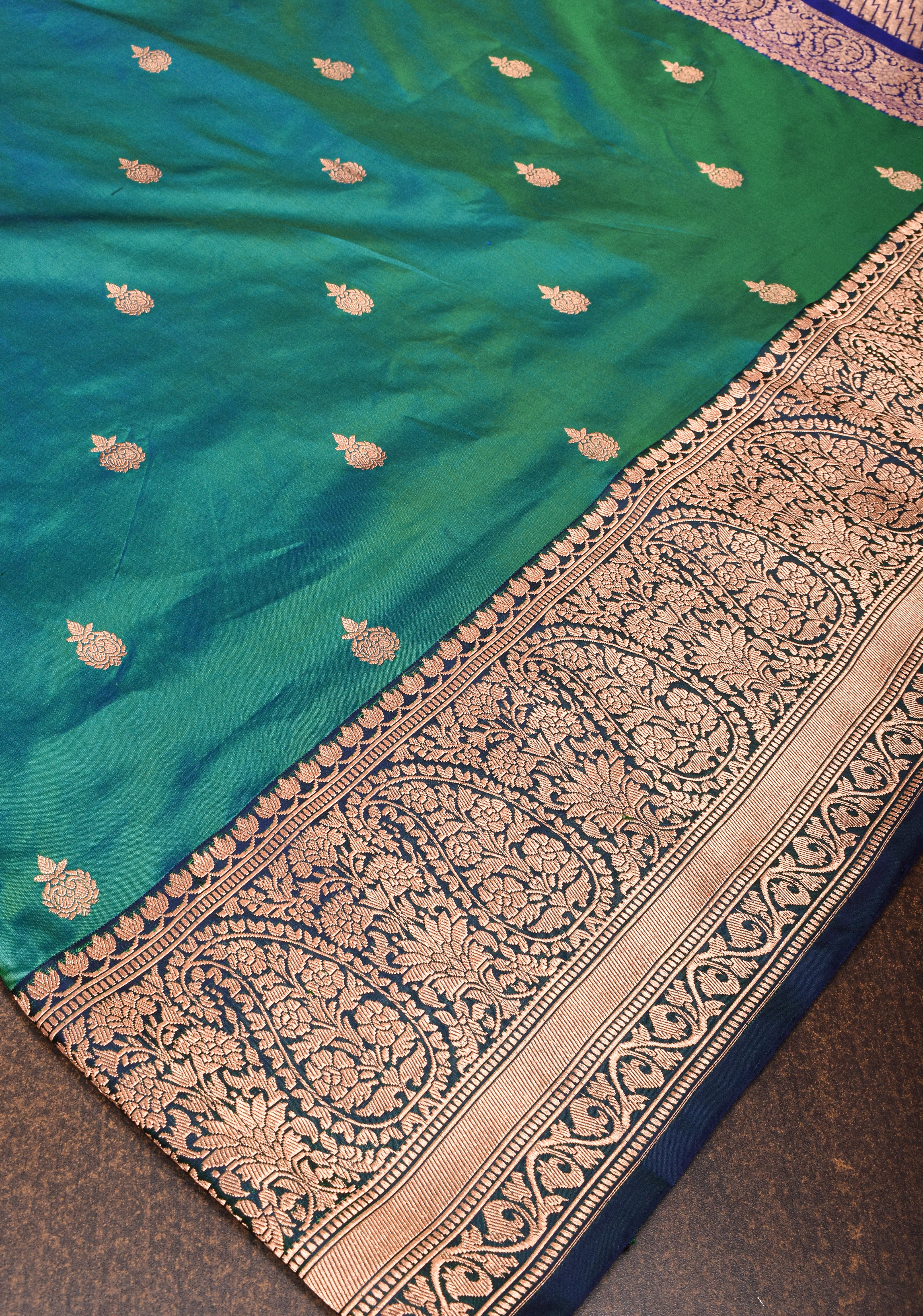 Banarasi Katan Saree in Green with Blue Border  | SILK MARK CERTIFIED