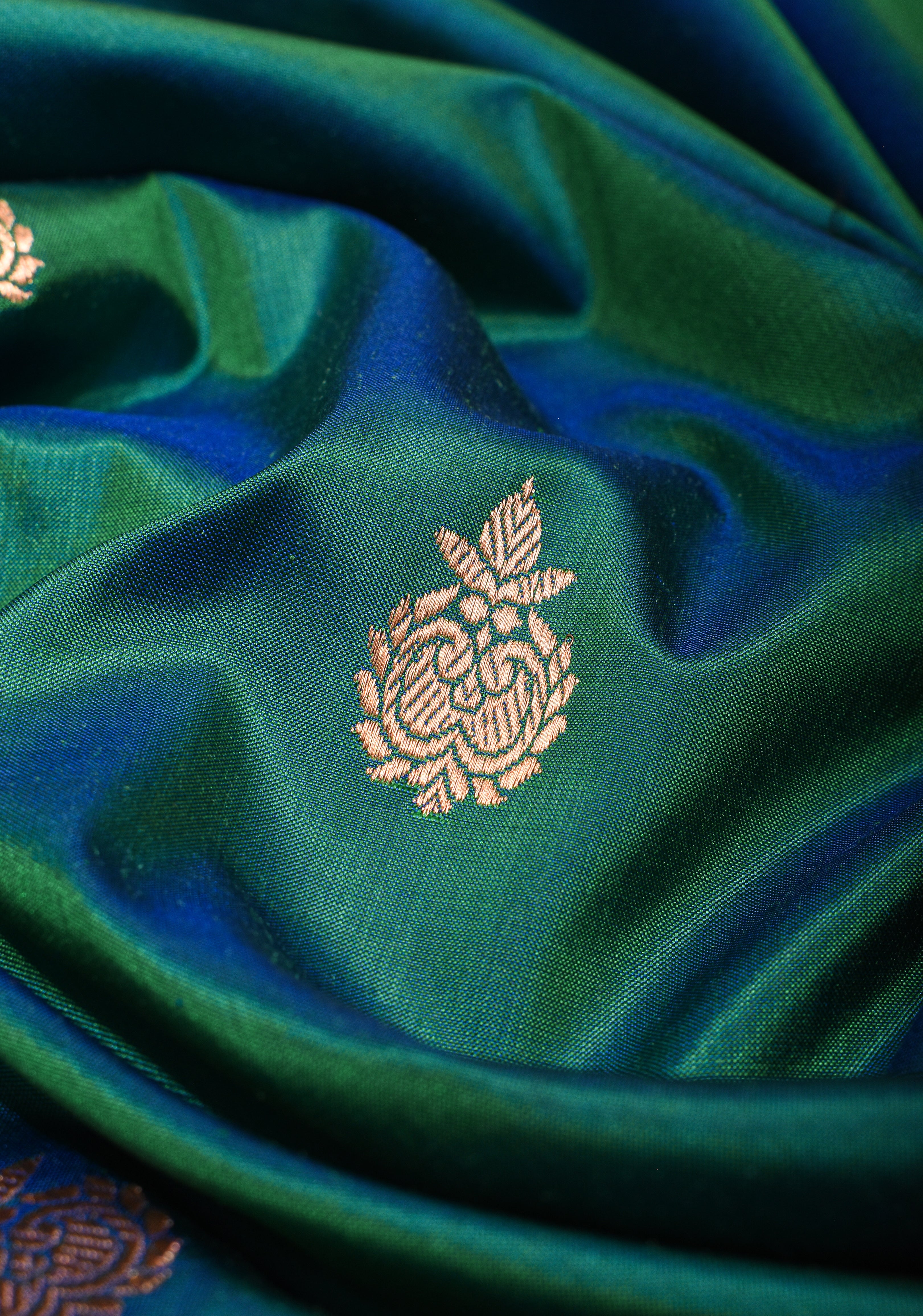 Banarasi Katan Saree in Green with Blue Border  | SILK MARK CERTIFIED