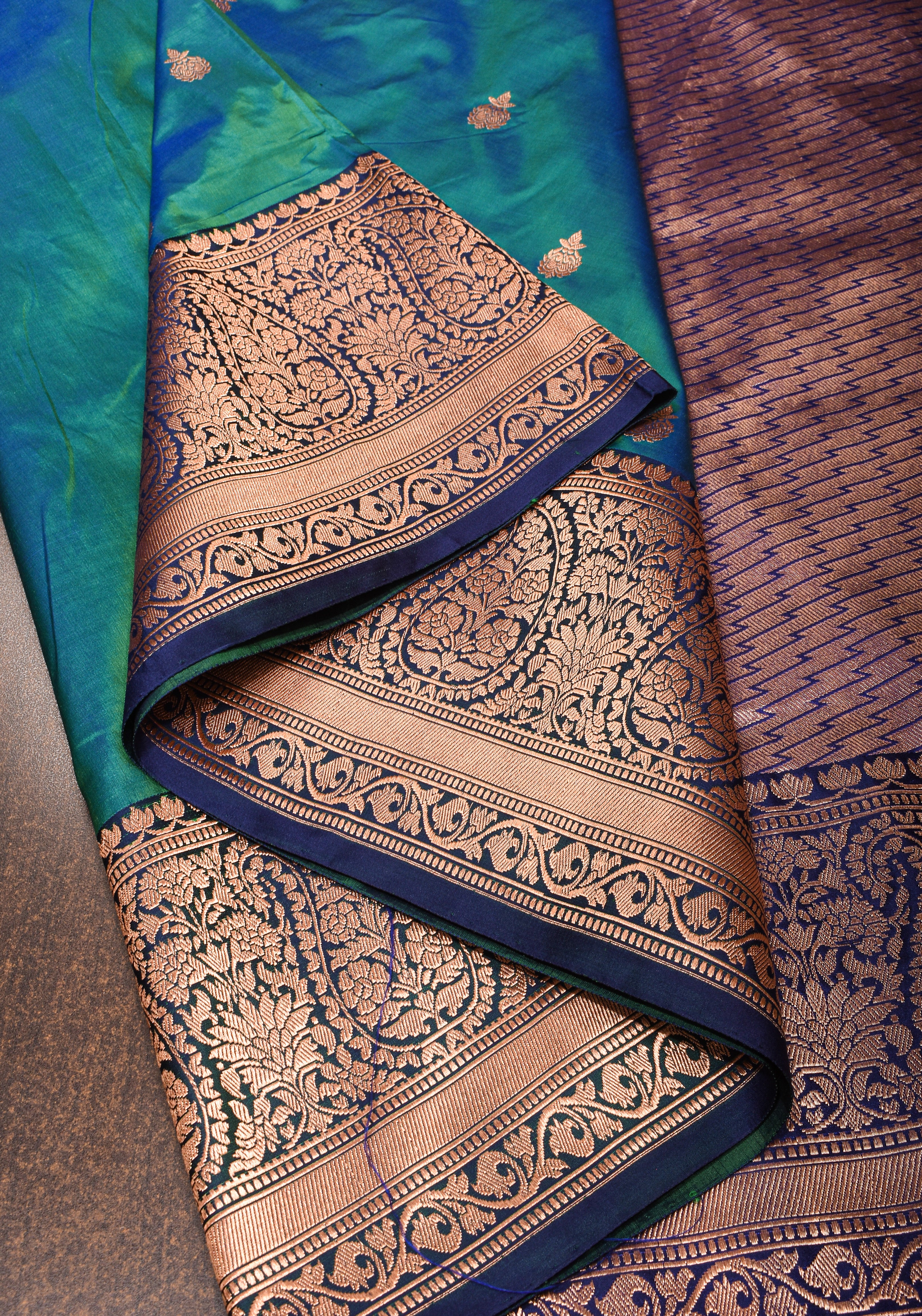 Banarasi Katan Saree in Green with Blue Border  | SILK MARK CERTIFIED