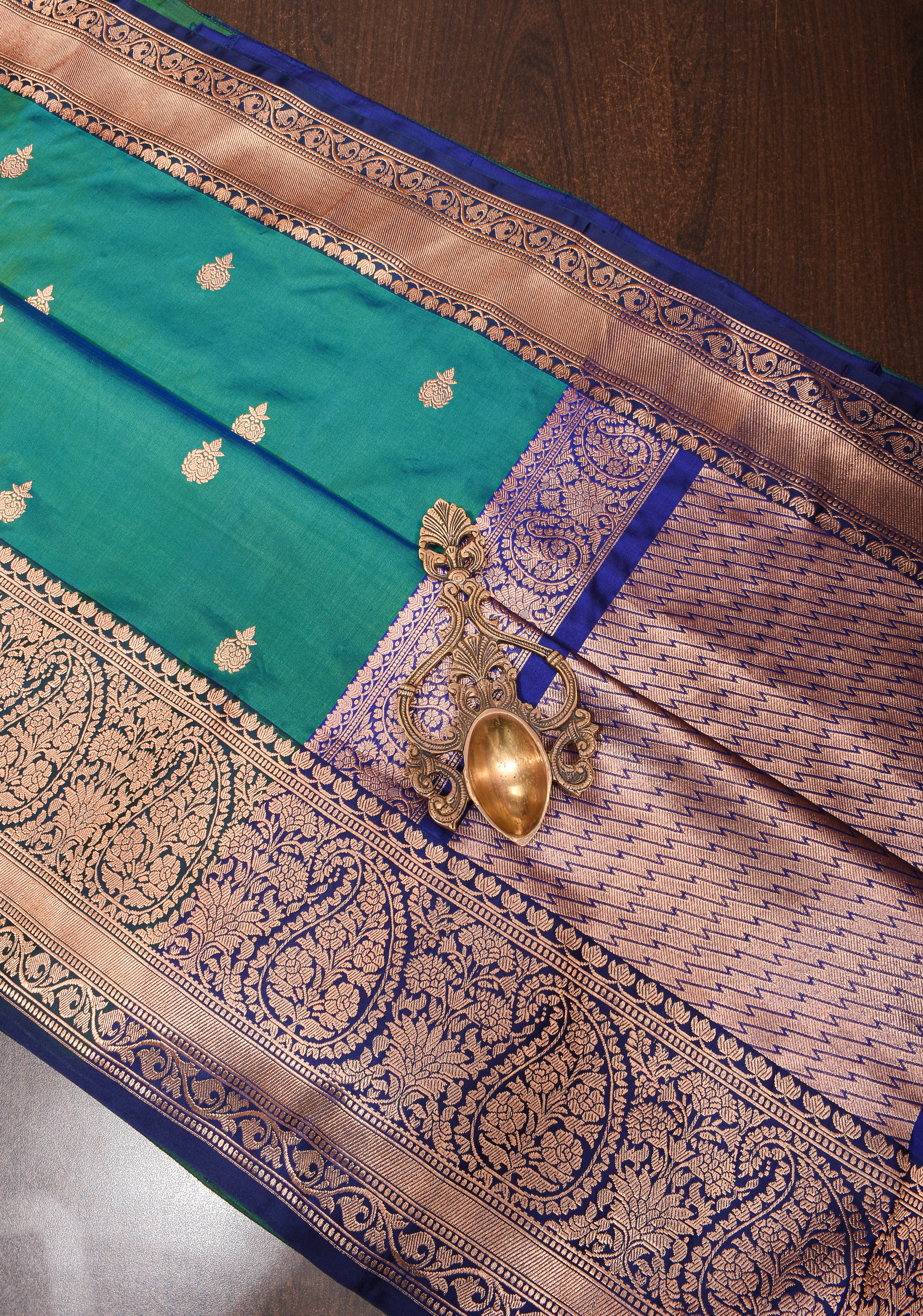 Banarasi Katan Saree in Green with Blue Border  | SILK MARK CERTIFIED