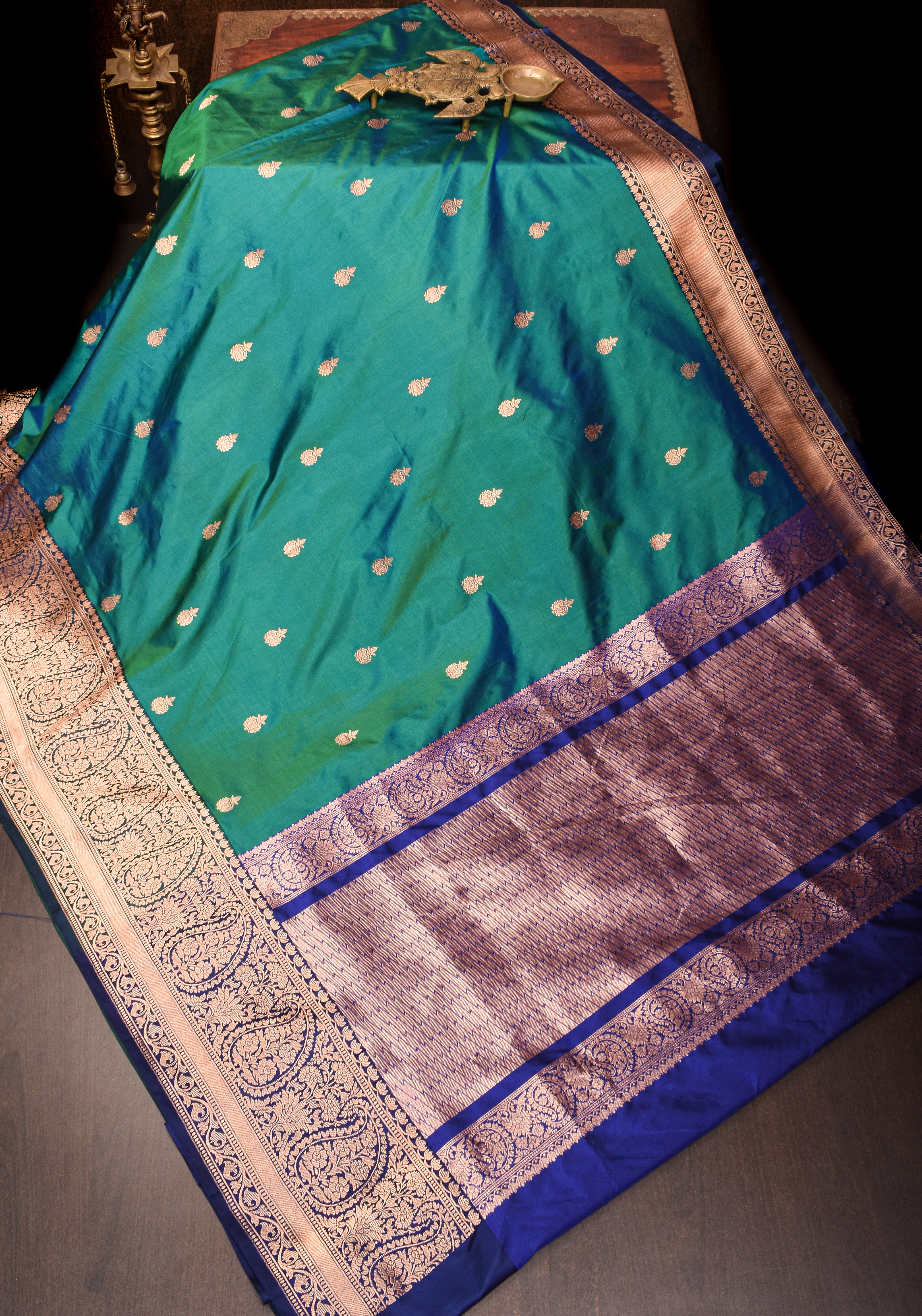 Banarasi Katan Saree in Green with Blue Border  | SILK MARK CERTIFIED