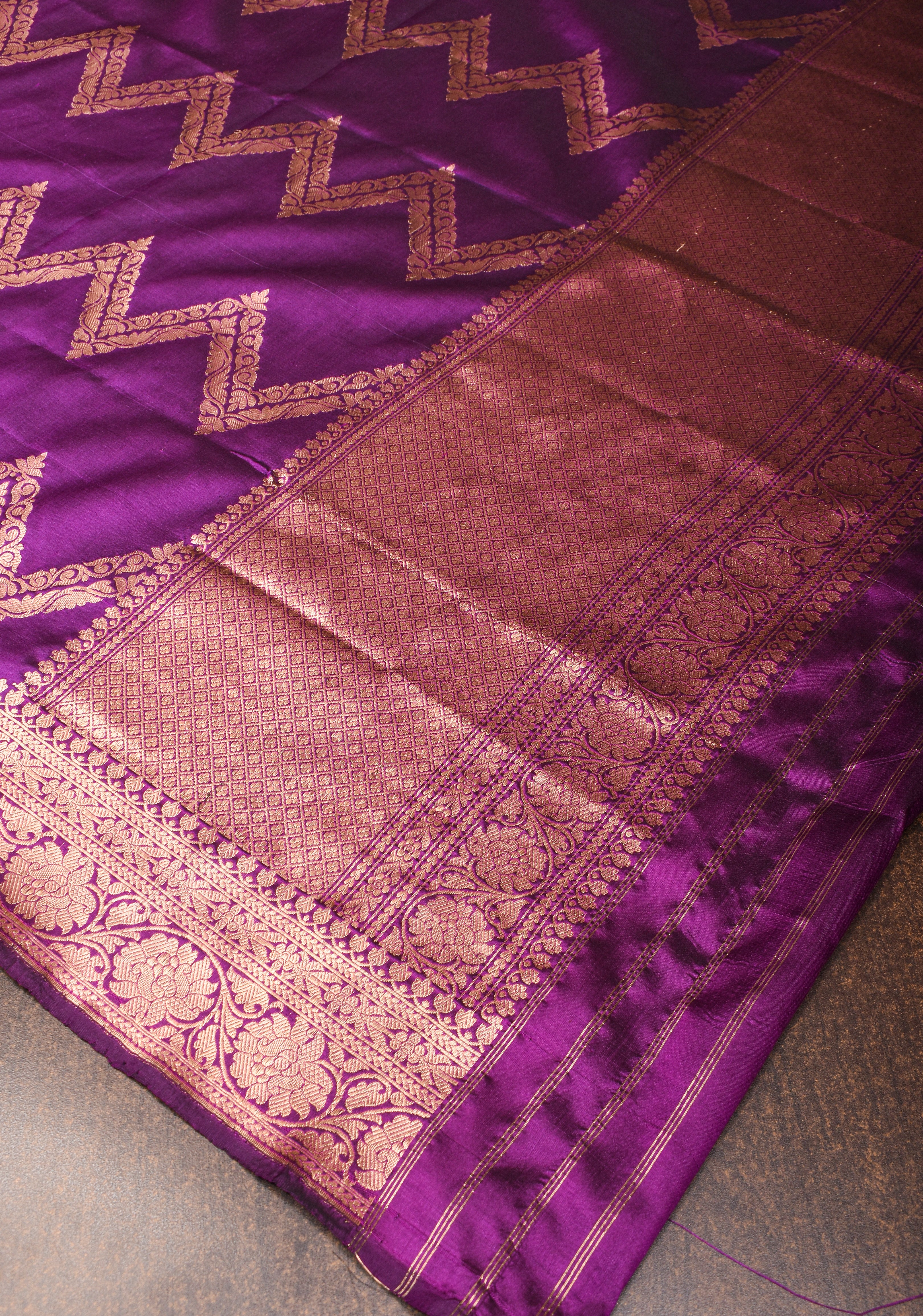 Dupatta - Banarasi Dupatta in Purple With Chevron Jaal | SILK MARK CERTIFIED