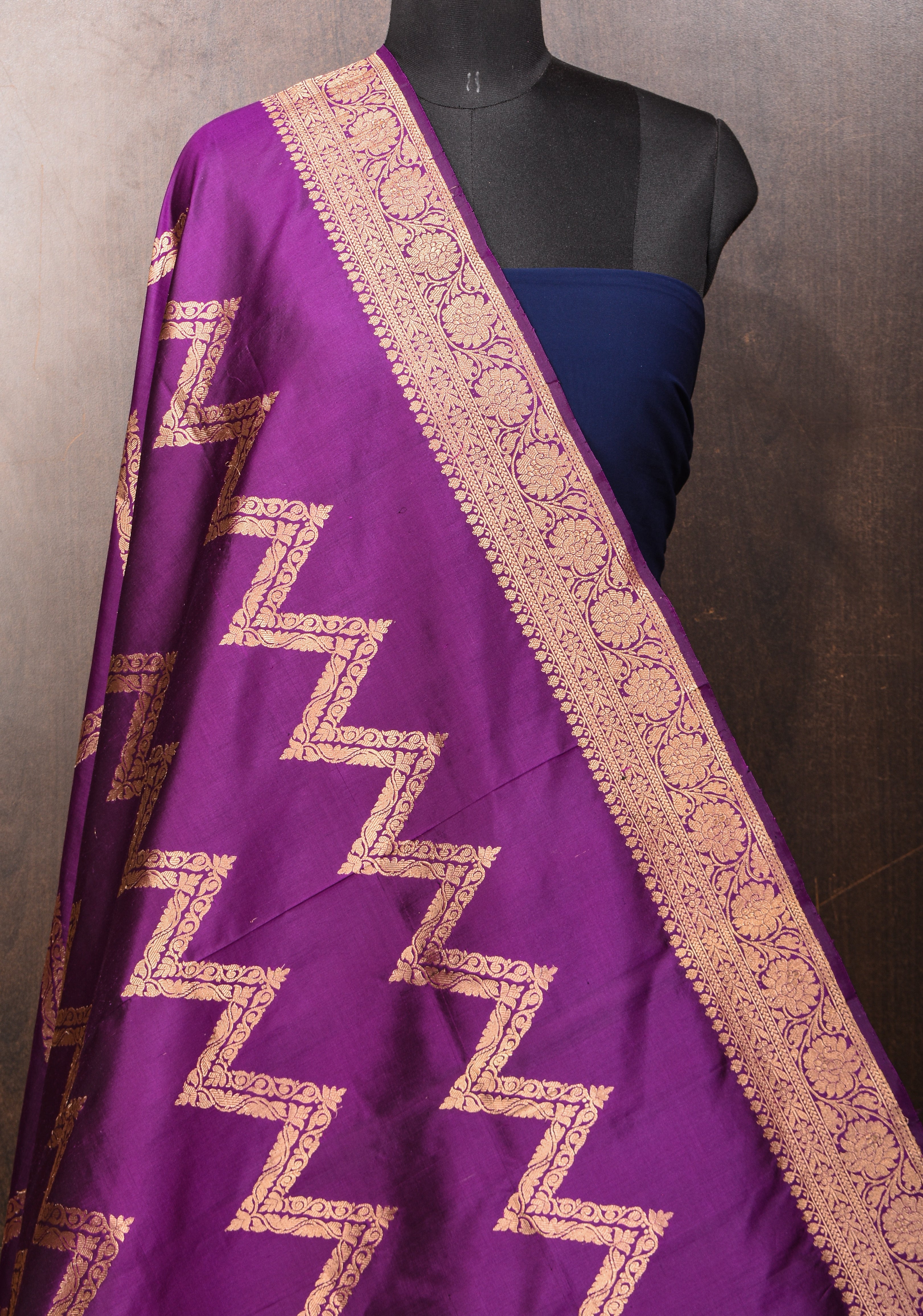 Dupatta - Banarasi Dupatta in Purple With Chevron Jaal | SILK MARK CERTIFIED