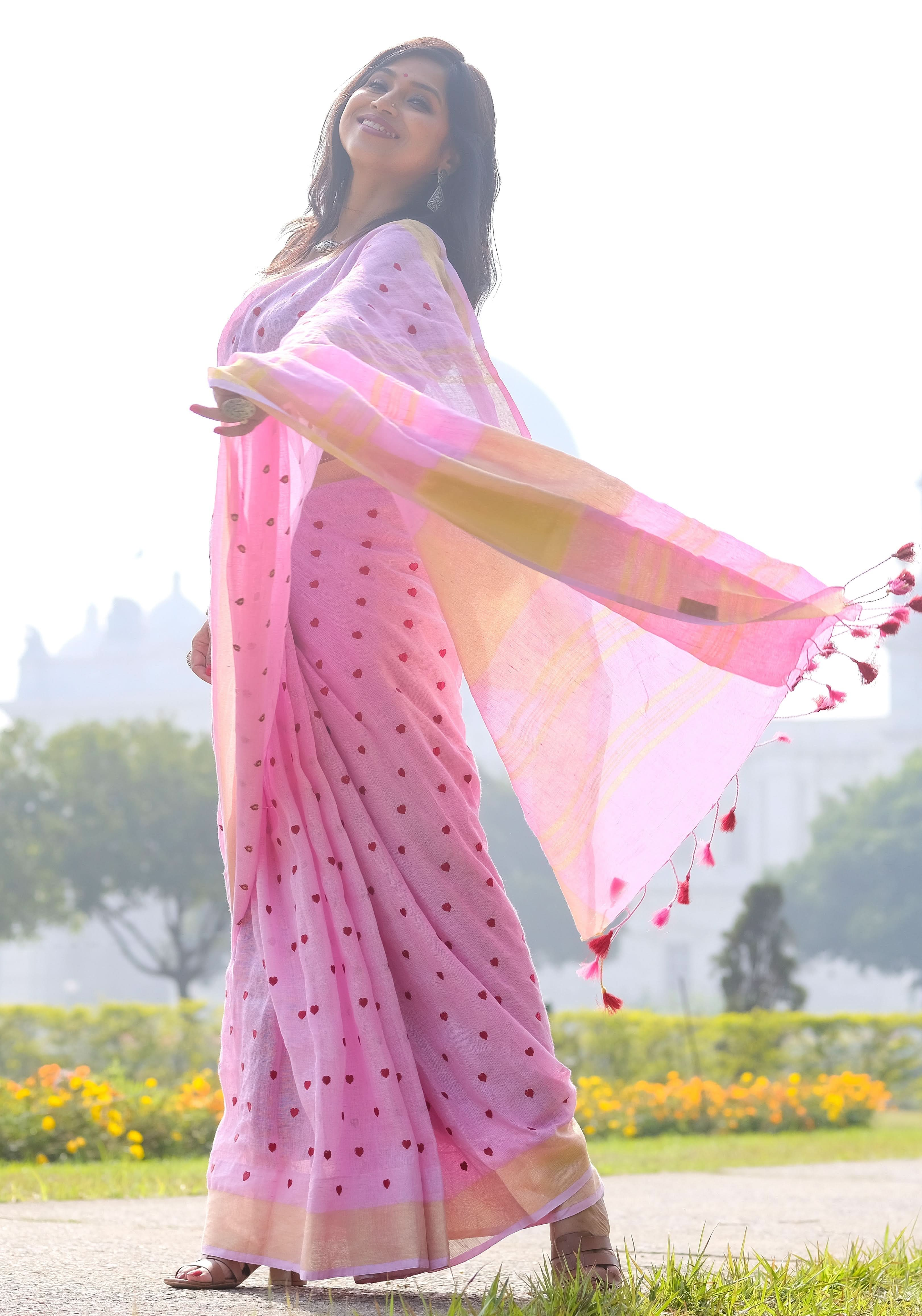 Loving Hearts Embroidered Pink Linen Saree