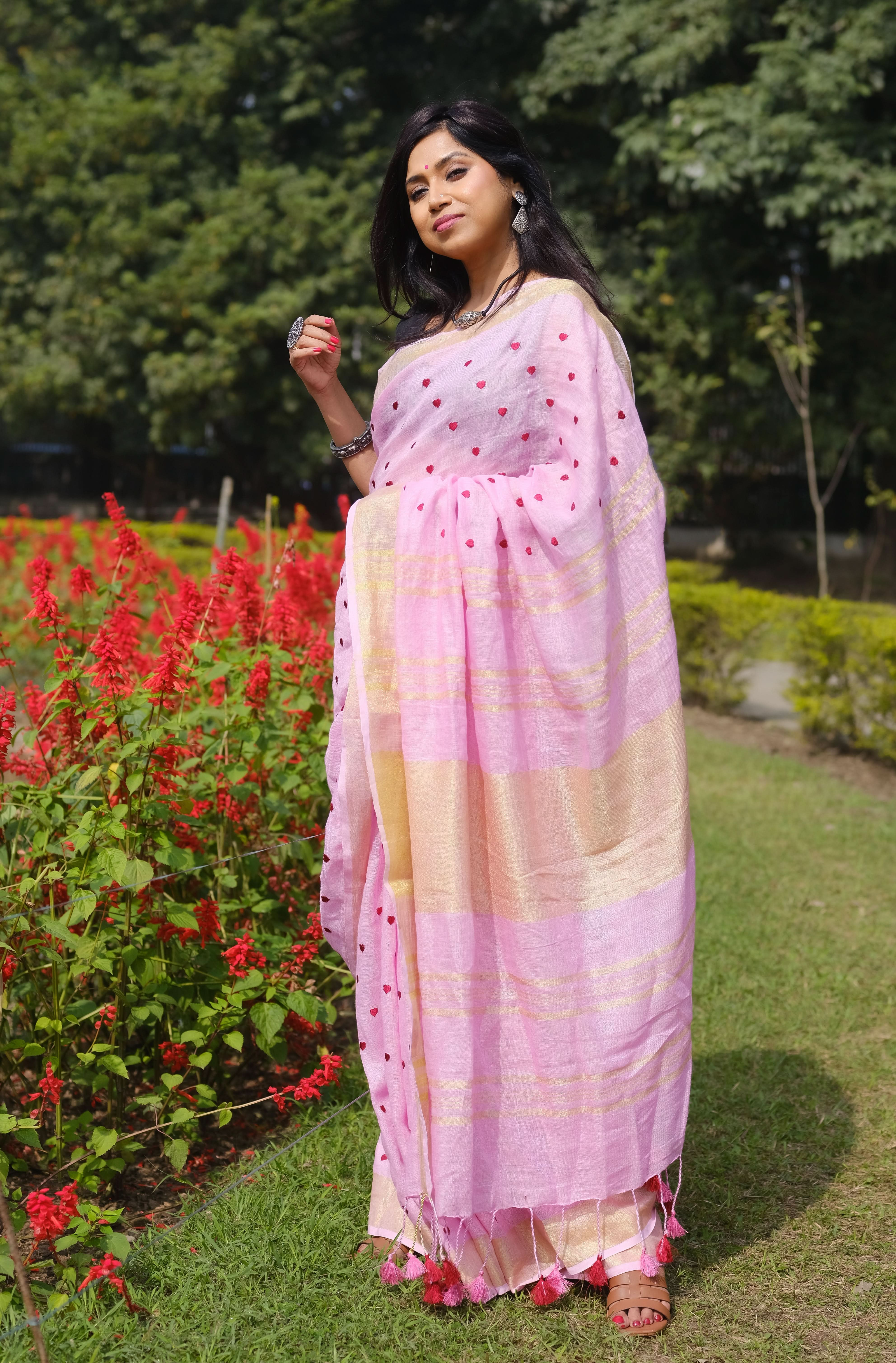 Loving Hearts Embroidered Pink Linen Saree