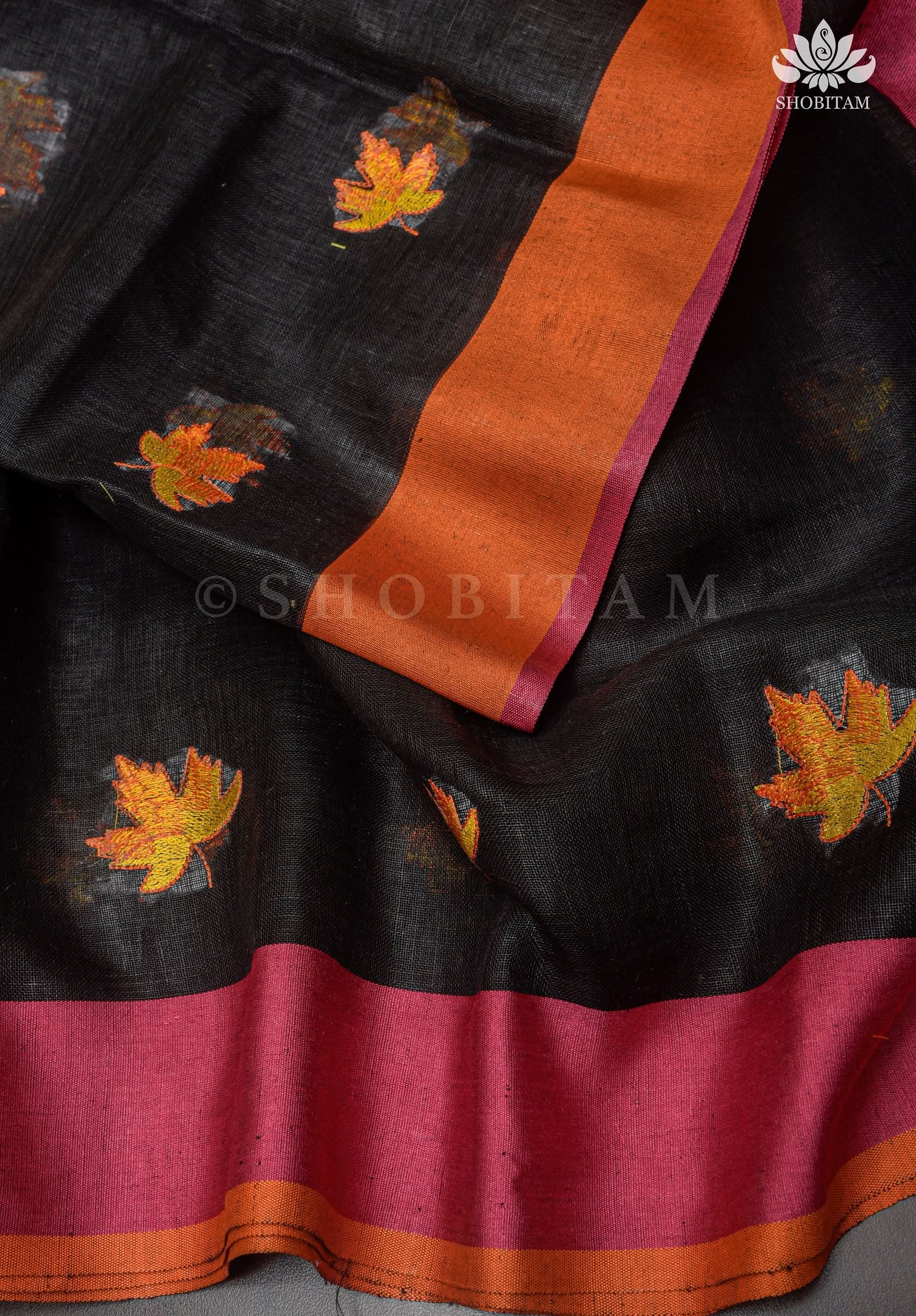 Linen by Linen Saree in Black with Fall Leaves Embroidery and Ganga Jamuna Borders | Shobitam Saree