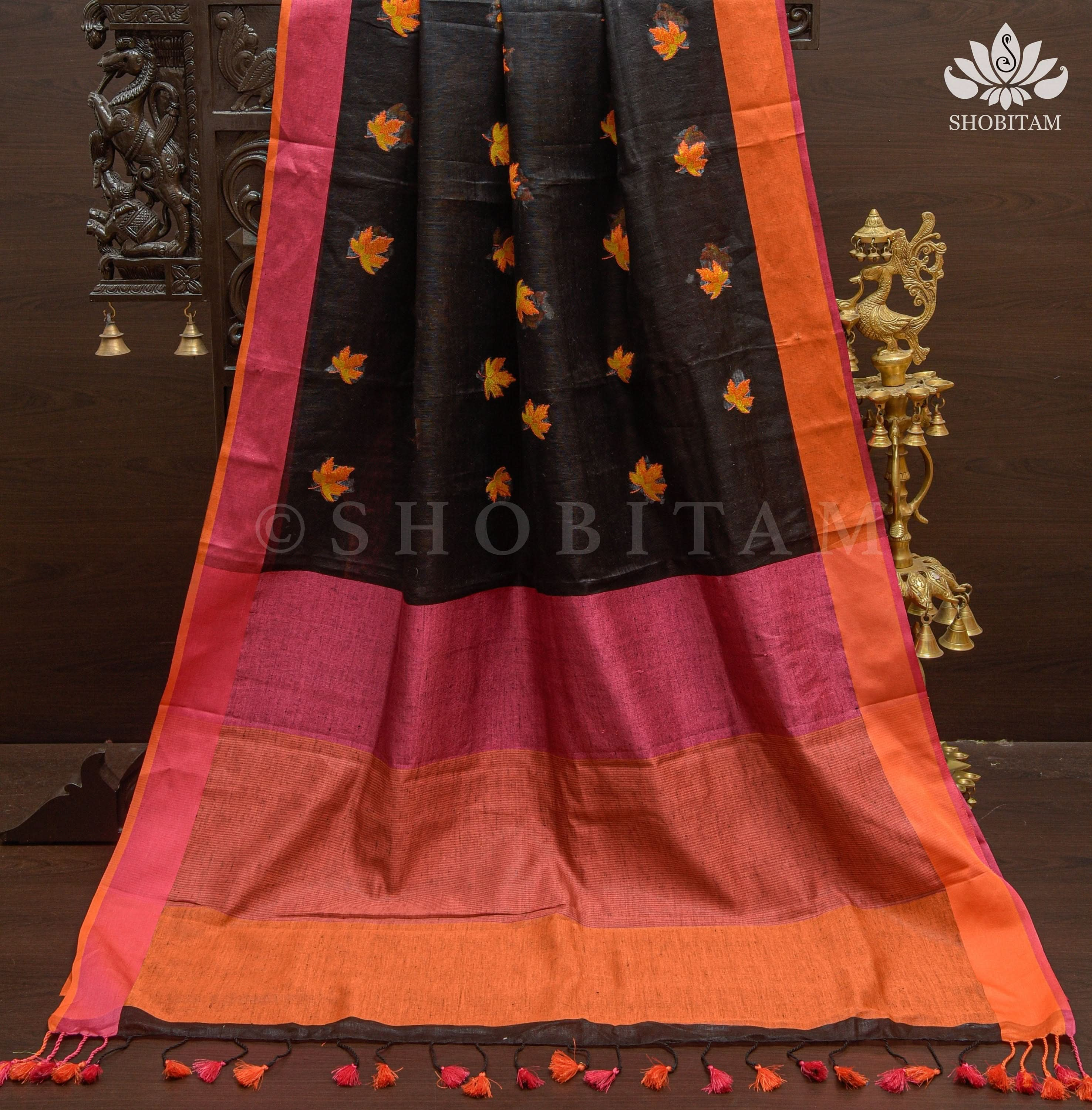 Linen by Linen Saree in Black with Fall Leaves Embroidery and Ganga Jamuna Borders | Shobitam Saree