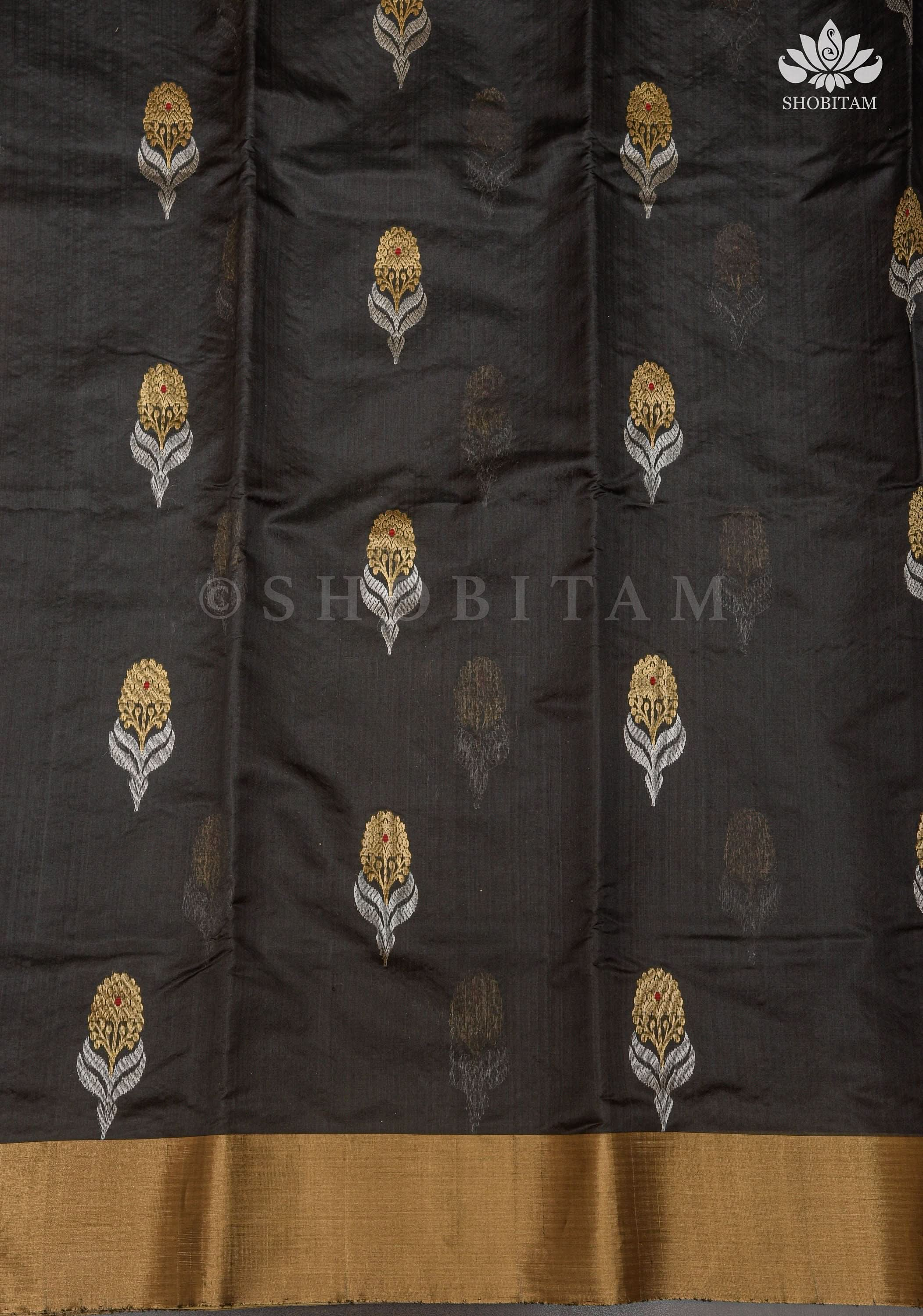 Black Chanderi Silk Saree with Sona Rupa Meena Floral Motifs in Black and Gold | Shobitam Saree