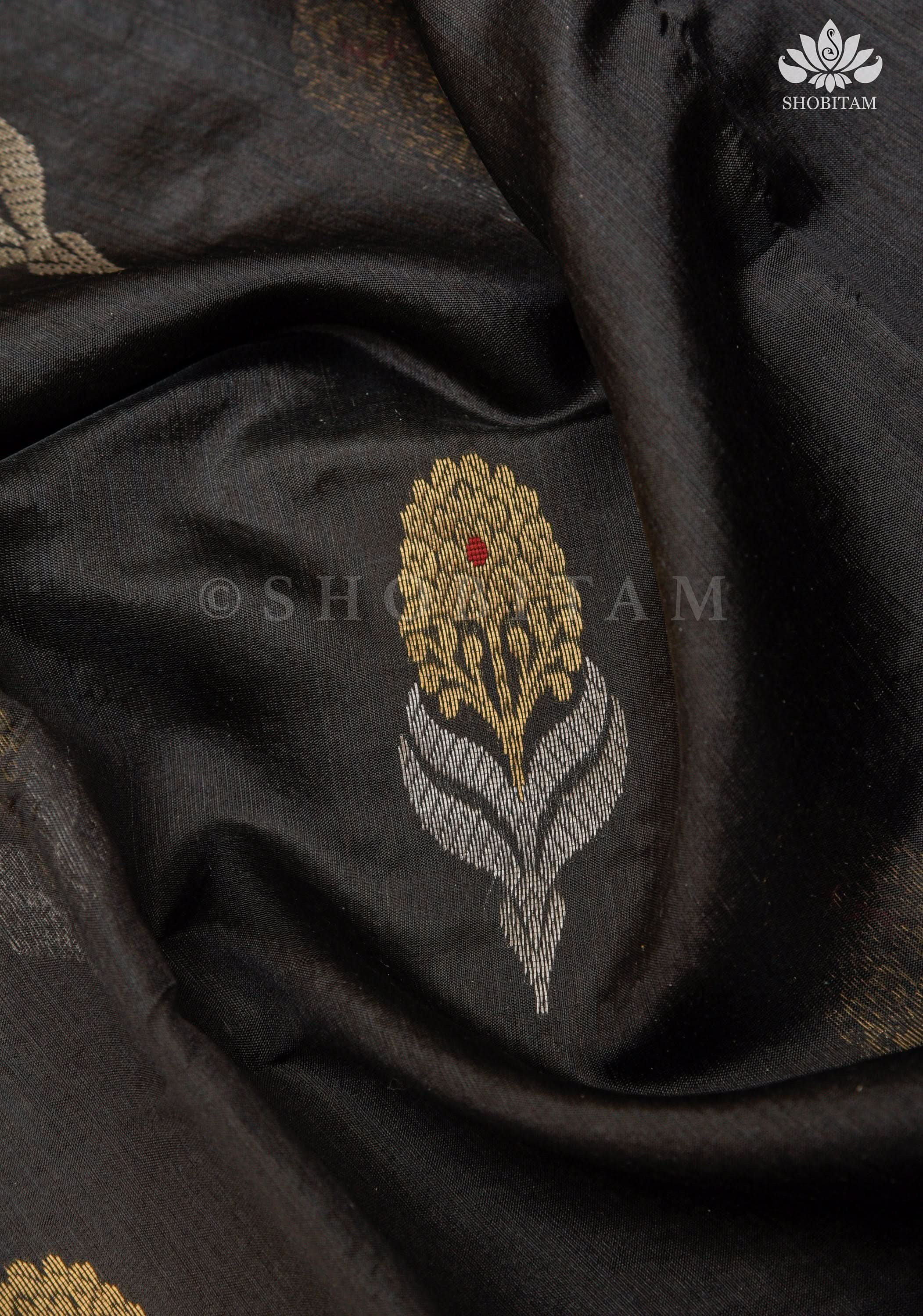 Black Chanderi Silk Saree with Sona Rupa Meena Floral Motifs in Black and Gold | Shobitam Saree