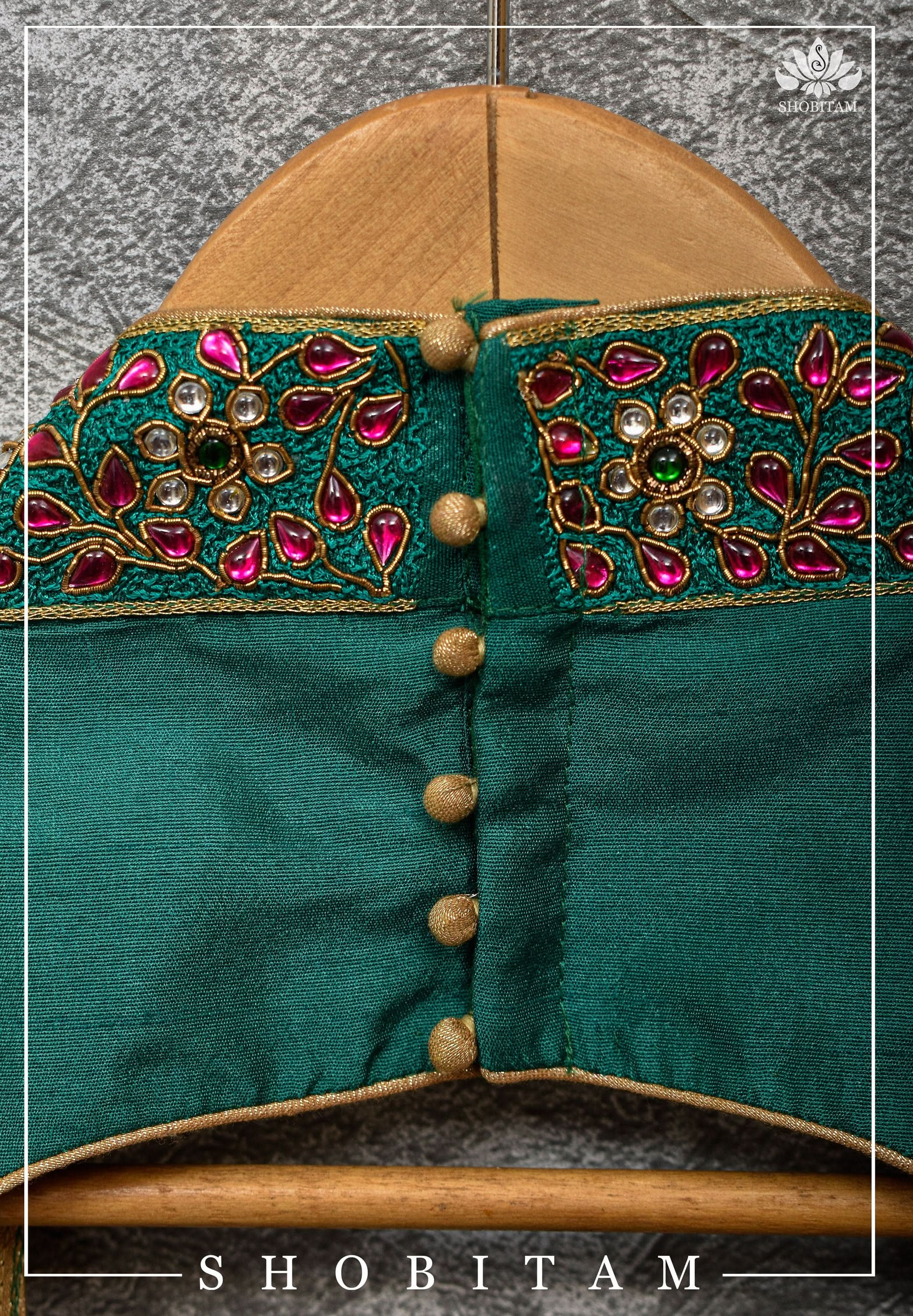 Made to Order:  Necklace Design Jadau Ornamental Sleeveless Blouse in Green Raw SIlk | Shobitam Blouse