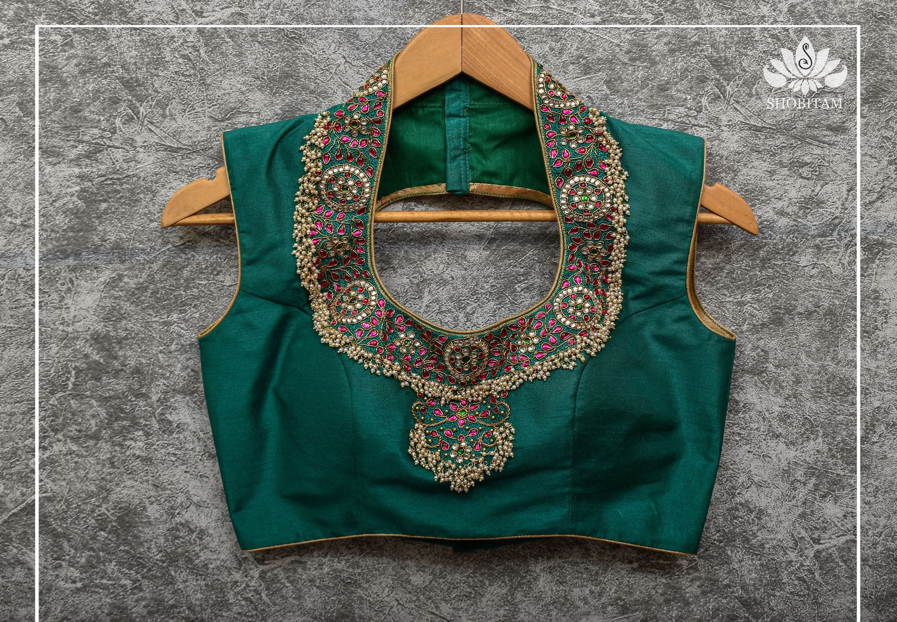 Made to Order:  Necklace Design Jadau Ornamental Sleeveless Blouse in Green Raw SIlk | Shobitam Blouse