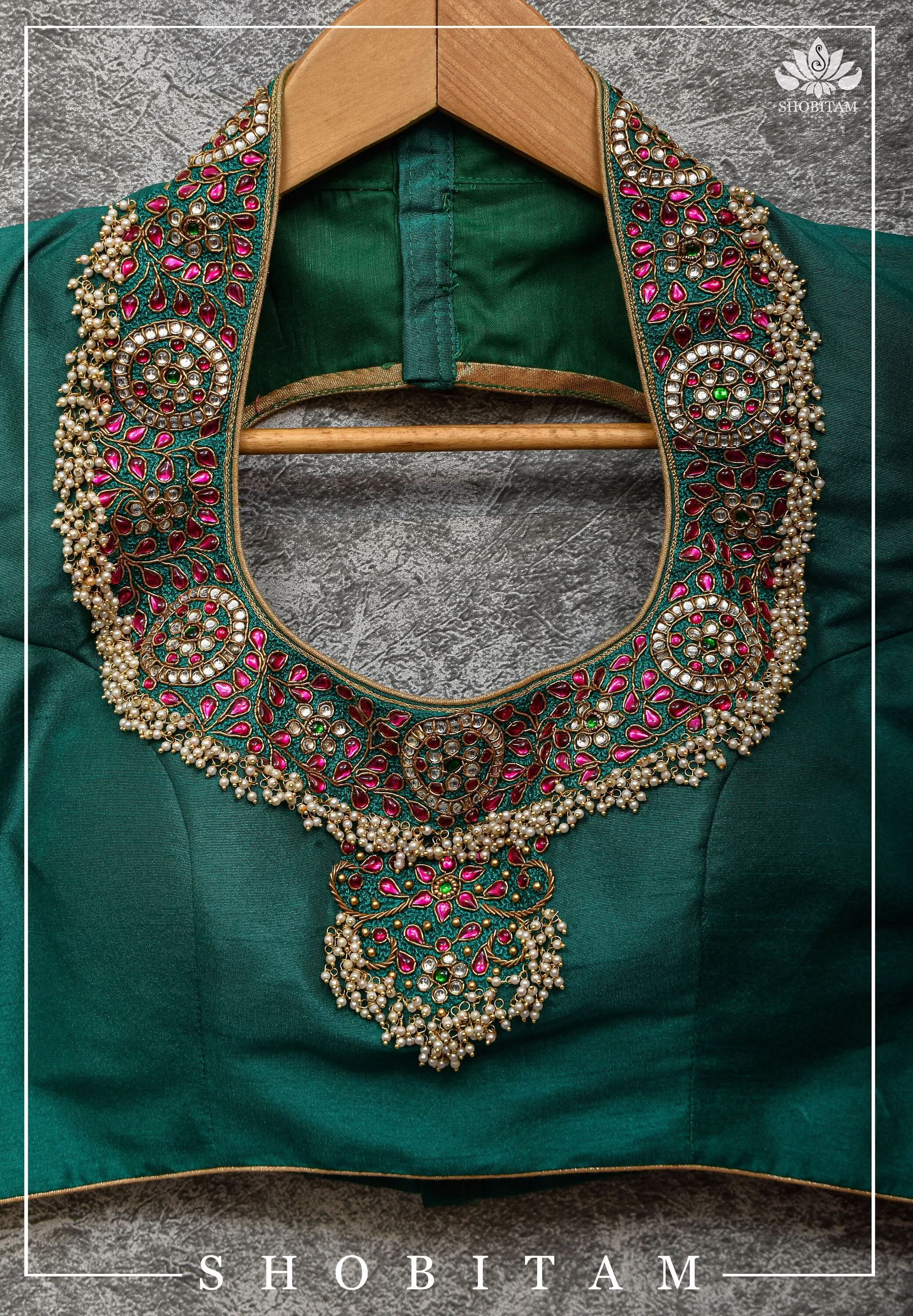 Made to Order:  Necklace Design Jadau Ornamental Sleeveless Blouse in Green Raw SIlk | Shobitam Blouse