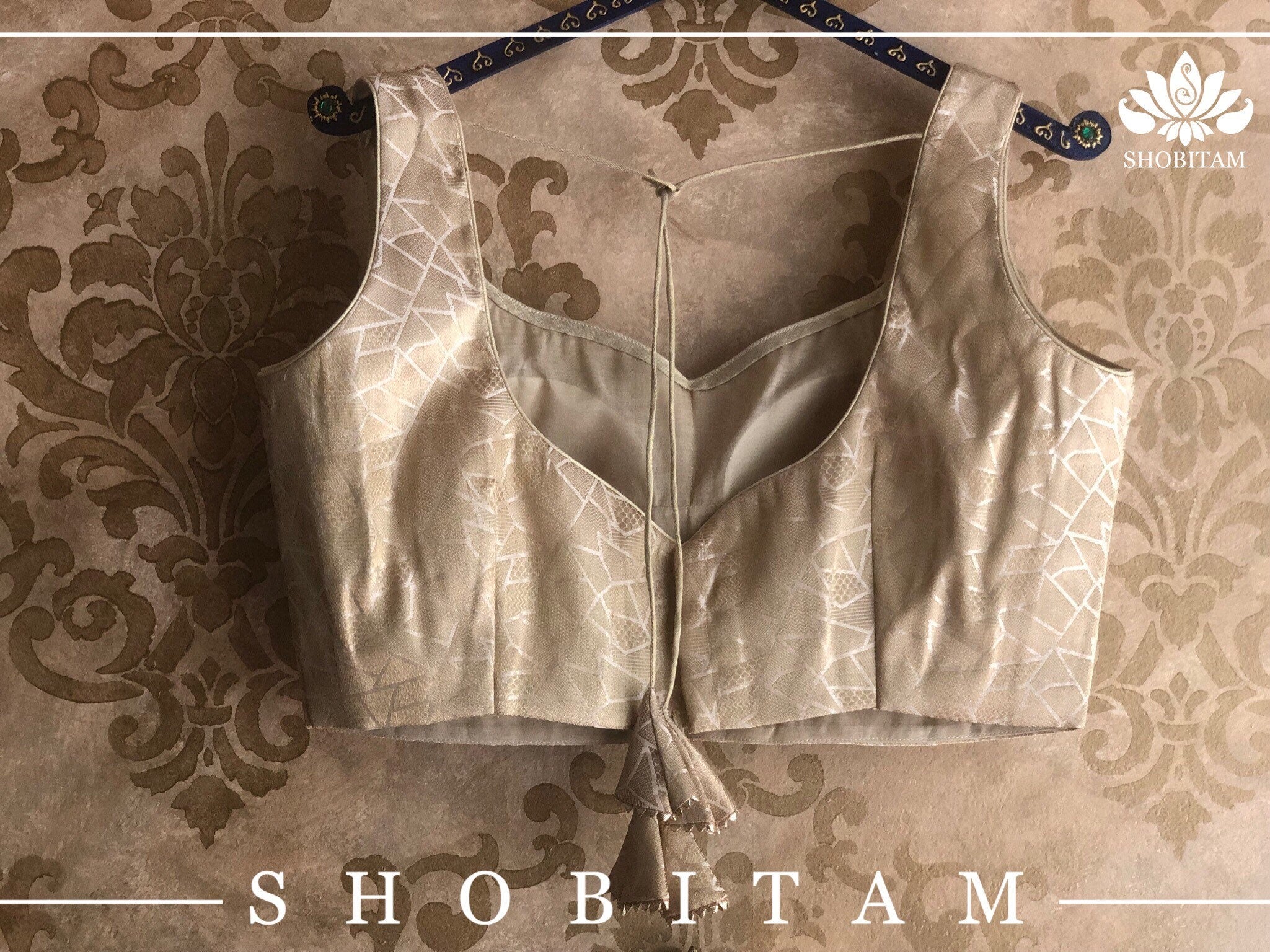 Size 40 : Muted Gold Geometric Design Sleeveless Saree Blouse l | Shobitam Blouse