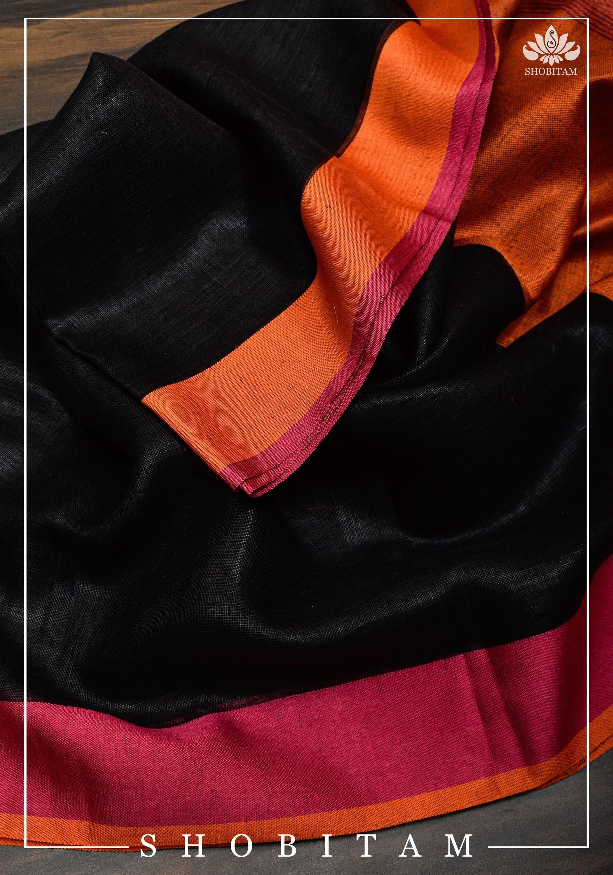 Ganga Jamuna Borders on Black Linen by Linen Saree | Sarees by Shobitam