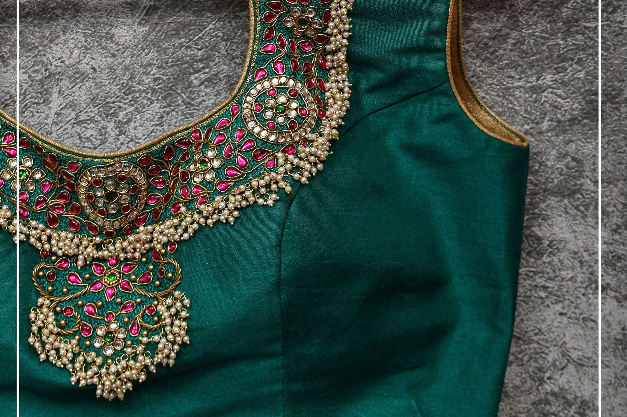 Made to Order:  Necklace Design Jadau Ornamental Sleeveless Blouse in Green Raw SIlk | Shobitam Blouse