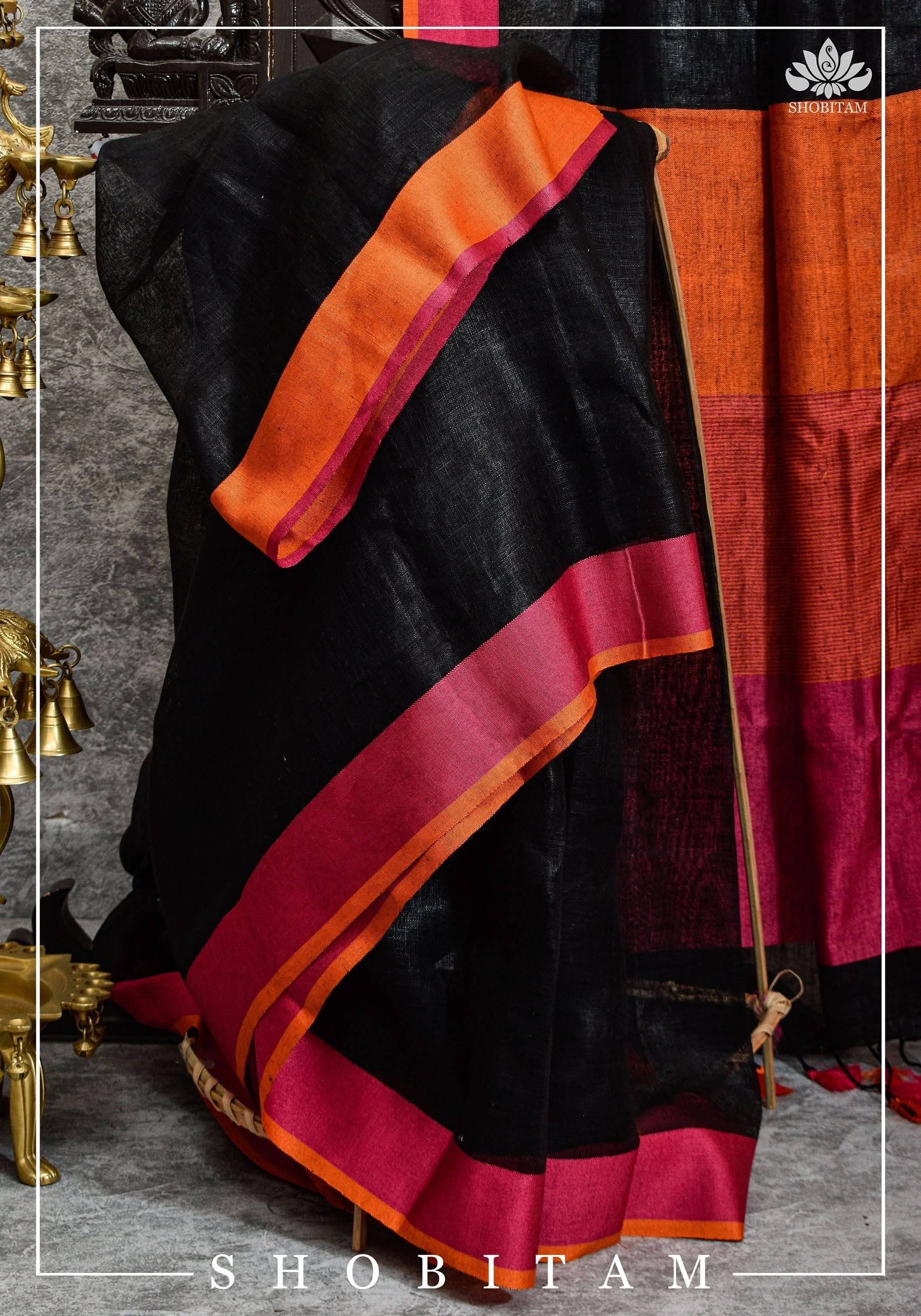 Ganga Jamuna Borders on Black Linen by Linen Saree | Sarees by Shobitam