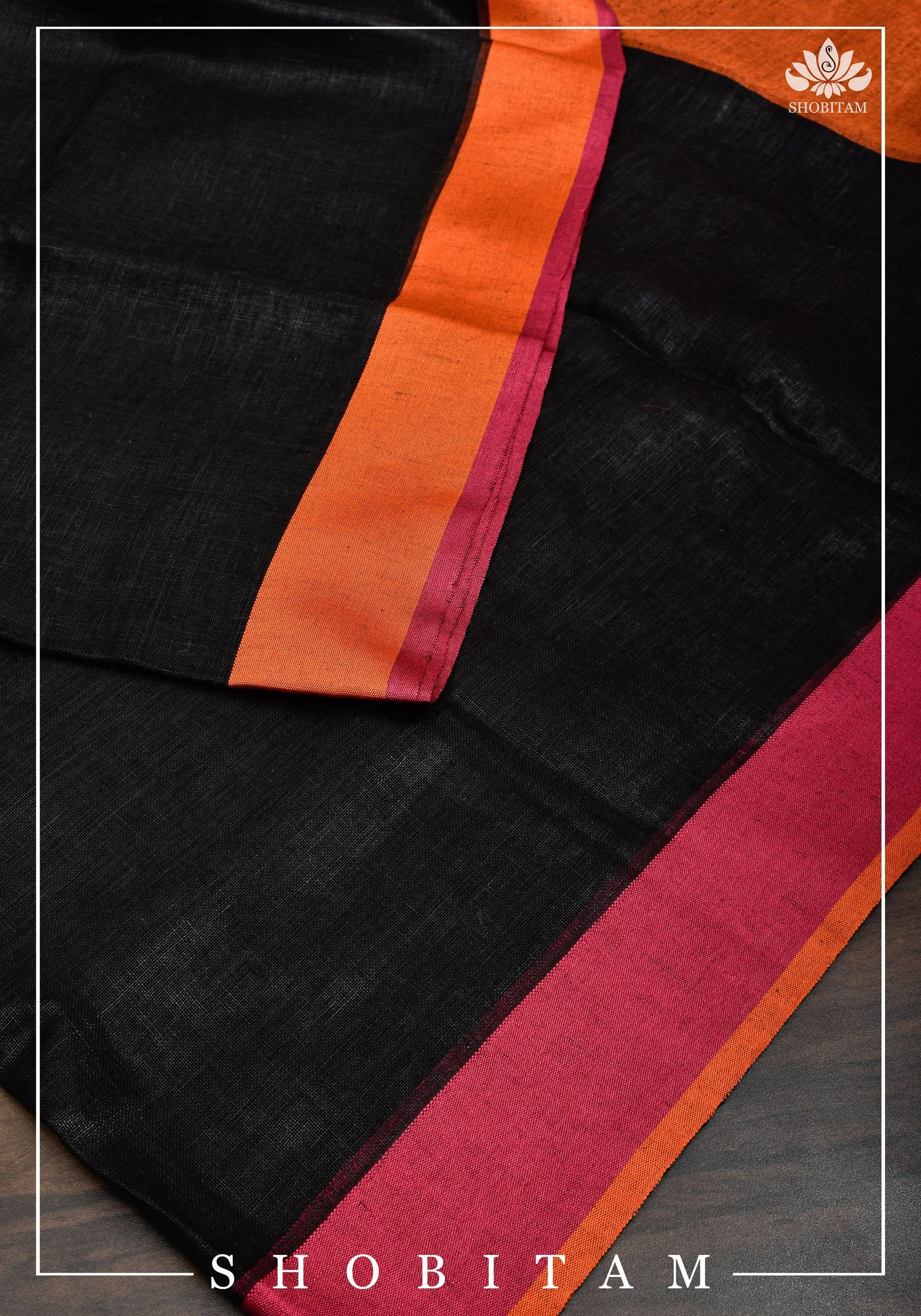 Ganga Jamuna Borders on Black Linen by Linen Saree | Sarees by Shobitam