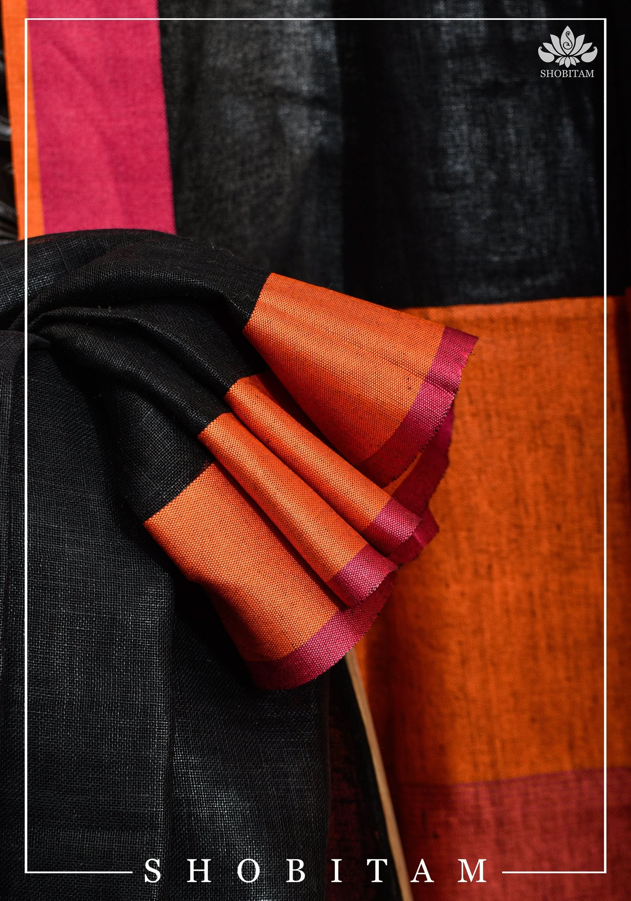 Ganga Jamuna Borders on Black Linen by Linen Saree | Sarees by Shobitam