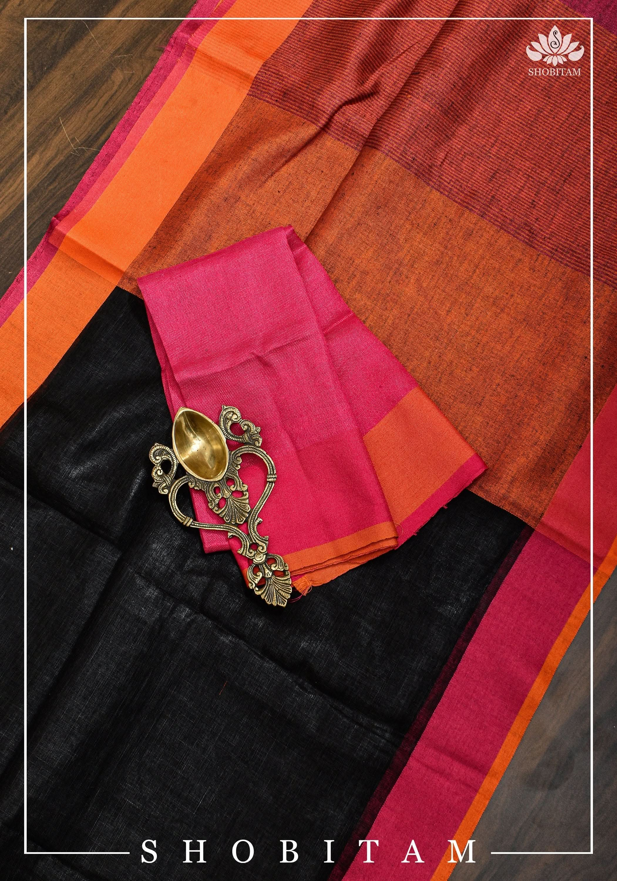 Ganga Jamuna Borders on Black Linen by Linen Saree | Sarees by Shobitam