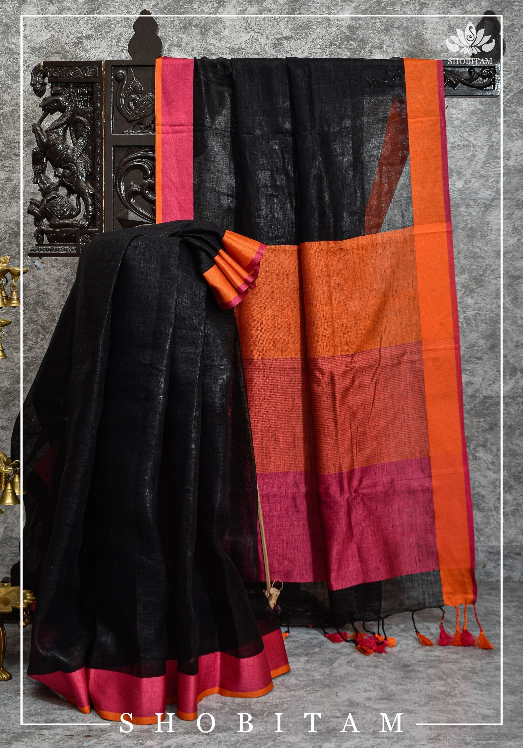 Ganga Jamuna Borders on Black Linen by Linen Saree | Sarees by Shobitam