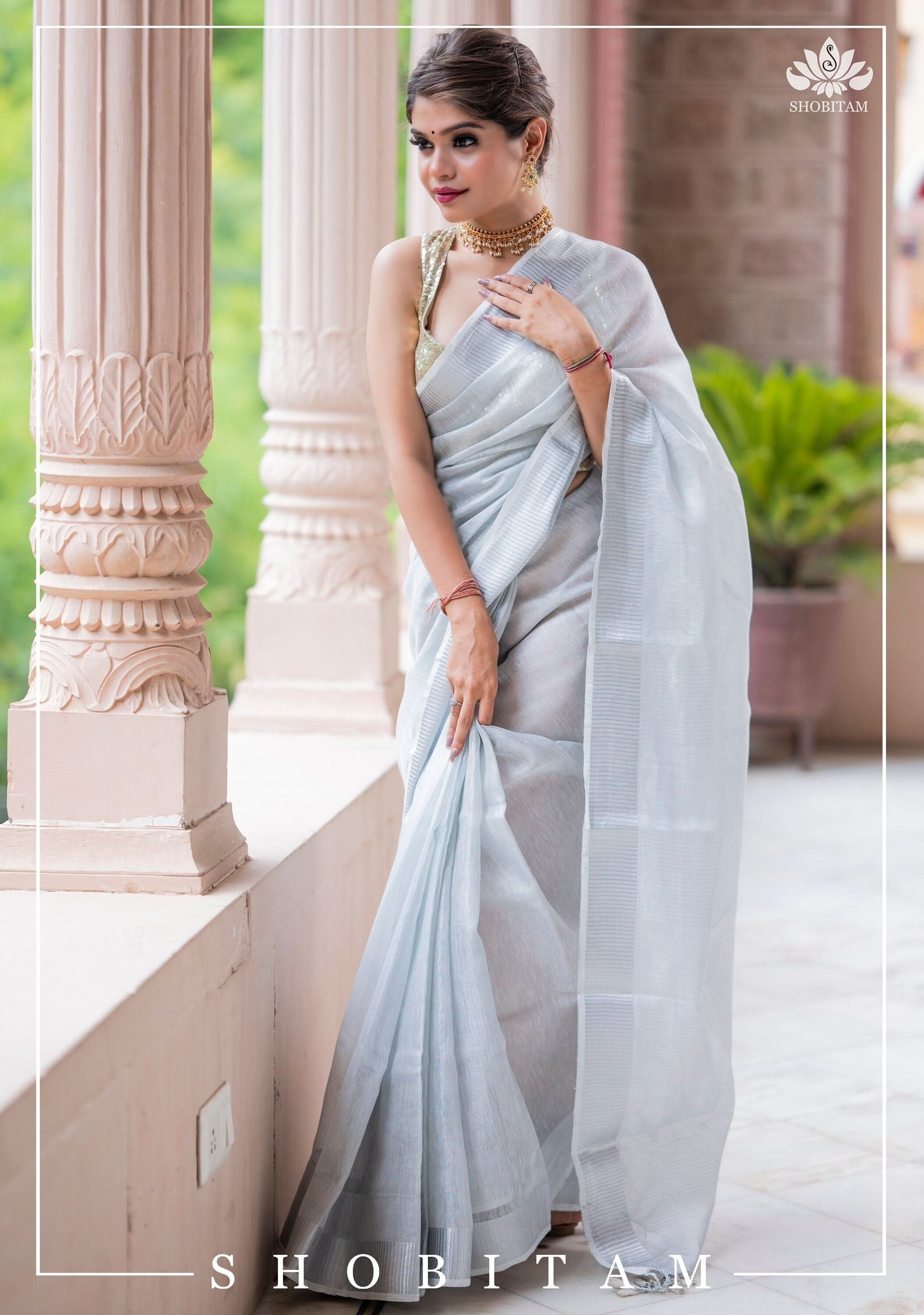 Silver and White Tissue Linen Saree | Shobitam Saree