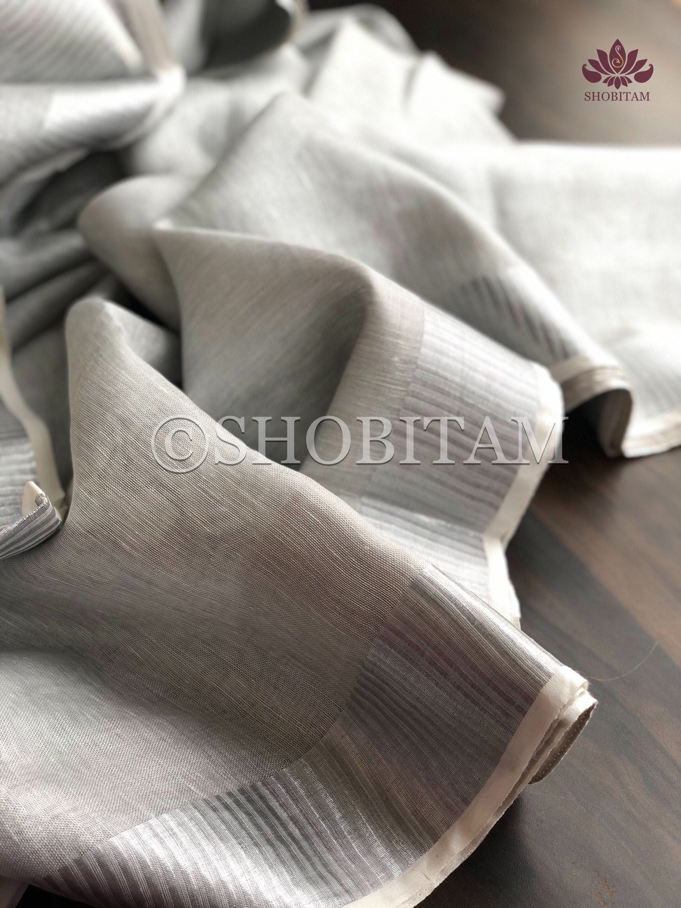 Silver and White Tissue Linen Saree | Shobitam Saree