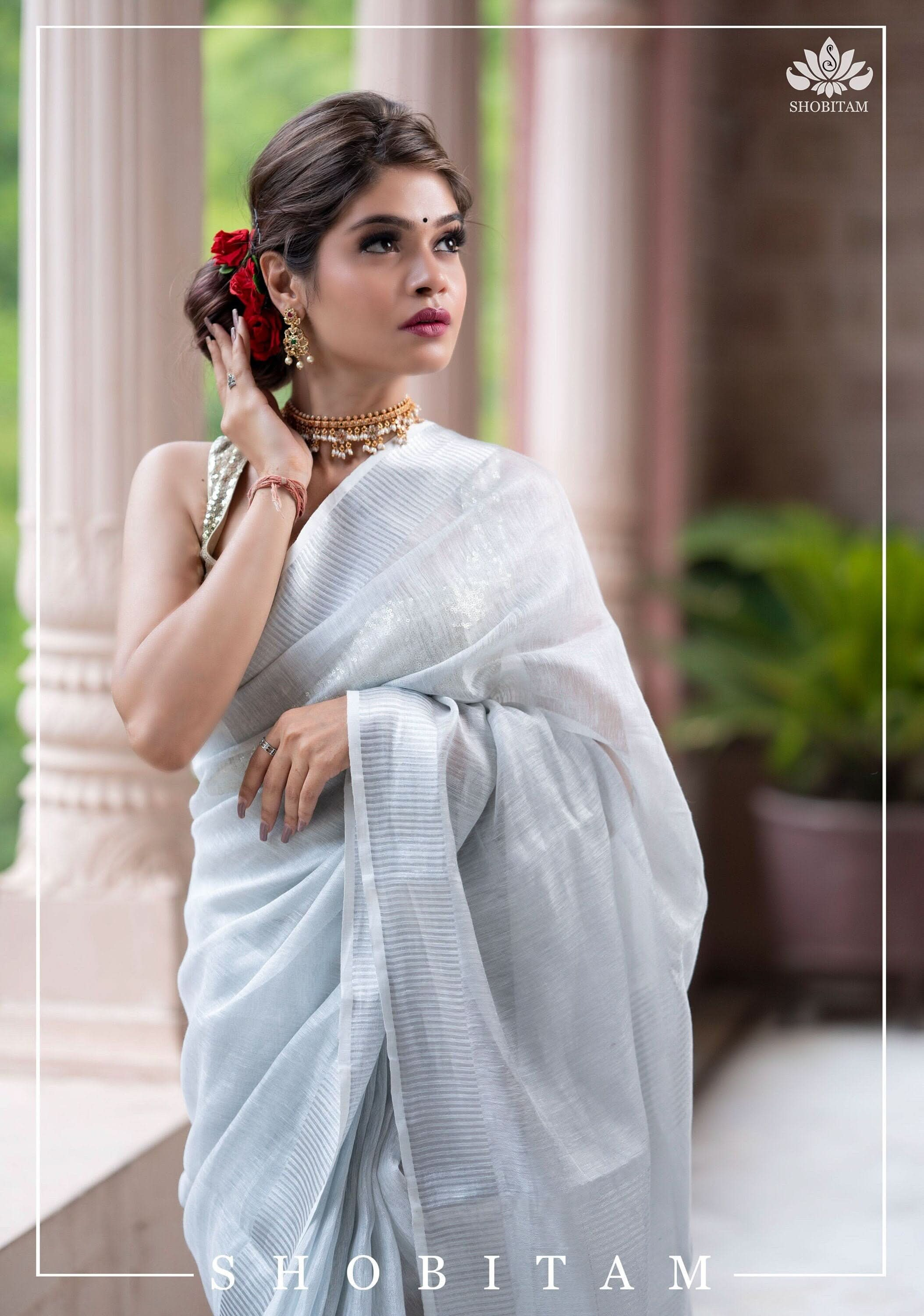 Silver and White Tissue Linen Saree | Shobitam Saree